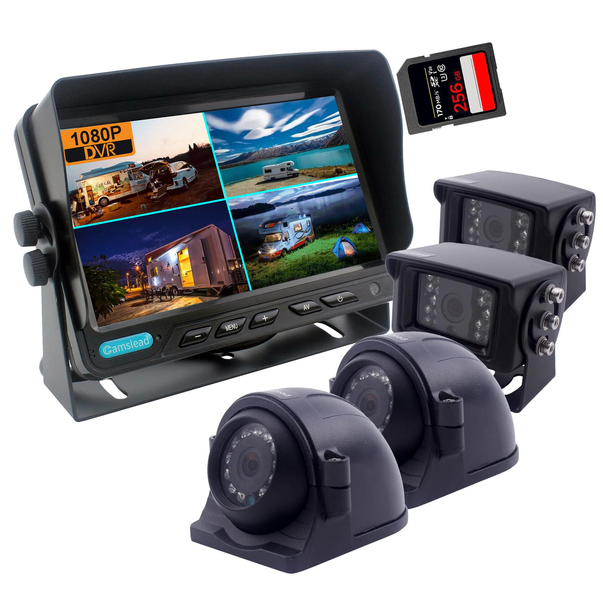10 inch Screen 1080P Backup Camera System with Wired, DVR Recorder, Quad Split Screen, Car Monitor + 2X Waterproof Reversing Cameras + 2X Safety Sides Camera, for Camper, Trailers, Truck, RV