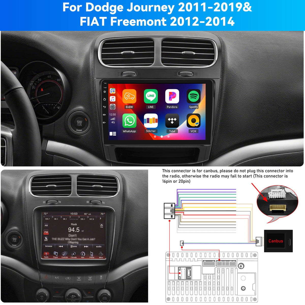 [8 Core 4G+64G] Car Radio for Dodge Journey 2011-2019 with Wireless Carplay Android Auto,9'' Touchscreen Android 15 Dodge Journey Car Stereo with WiFi/GPS Bluetooth FM/RDS 32EQ DSP+AHD Backup Camera