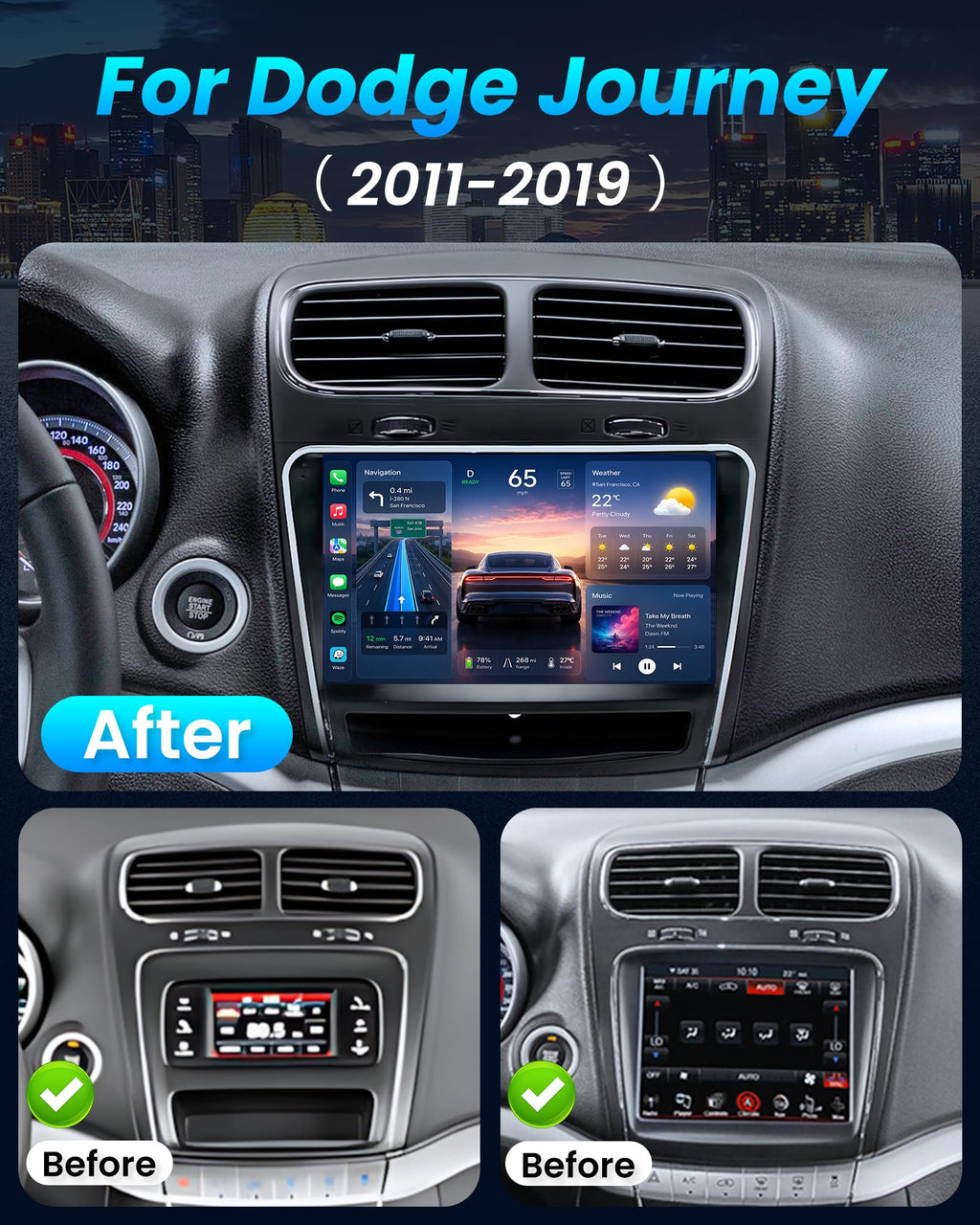 [4Core 64G ROM] Car Radio for Dodge Journey 2011-2019: 9" 1280x800 HD Touchscreen Stereo with Wireless Carplay Android Auto GPS Navigation Bluetooth 5G WiFi FM RDS DSP EQ SWC, Free Backup Camera