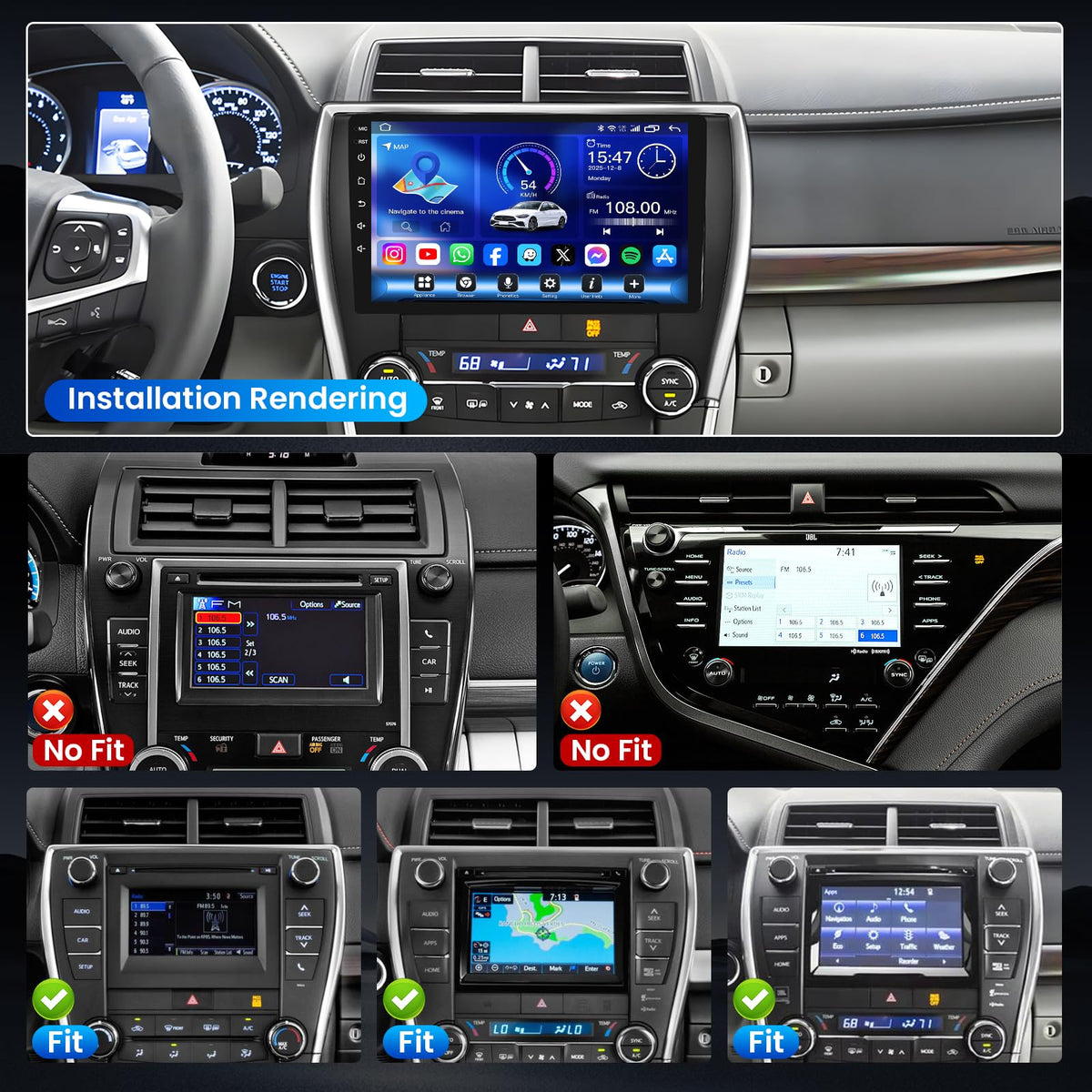 [4Core+64G] Car Radio for Toyota Camry 2015 2016 2017: 10.1 Inch 1280 * 720 HD Touchscreen Car Stereo Replacement with Wireless CarPlay Android Auto, Bluetooth GPS Navigation FM/EQ 1080P Backup Camera