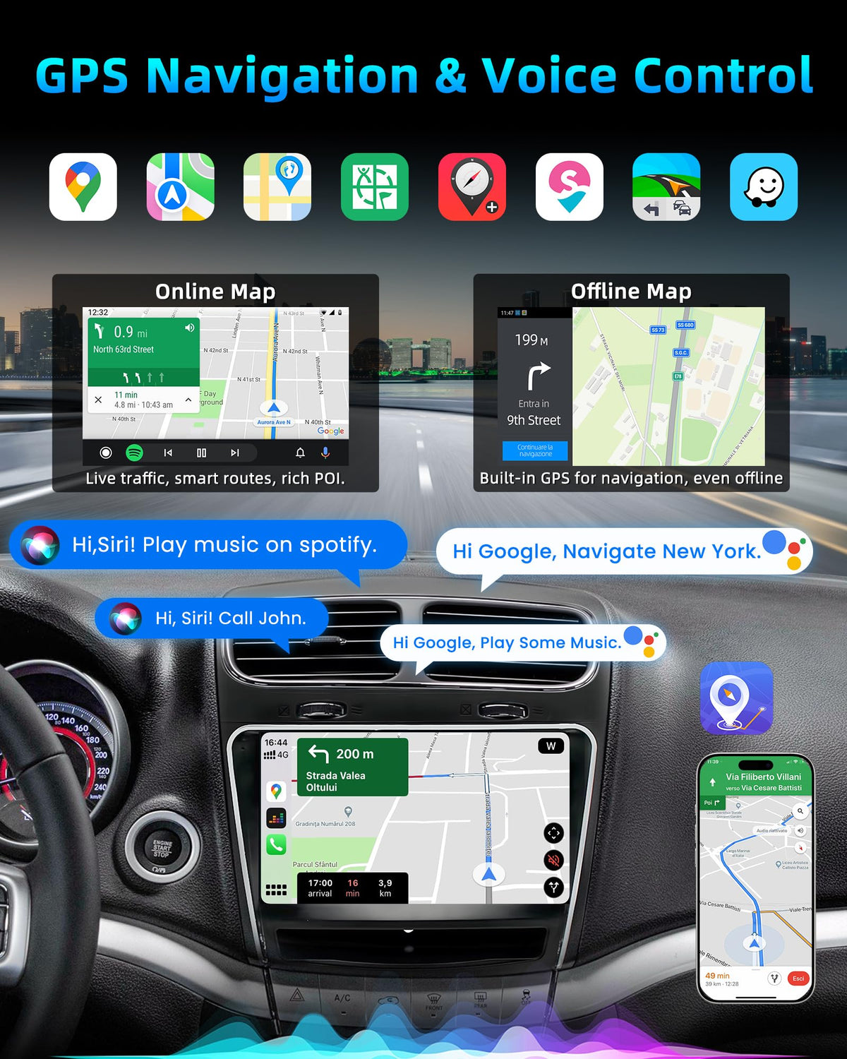 [4Core 64G ROM] Car Radio for Dodge Journey 2011-2019: 9" 1280x800 HD Touchscreen Stereo with Wireless Carplay Android Auto GPS Navigation Bluetooth 5G WiFi FM RDS DSP EQ SWC, Free Backup Camera