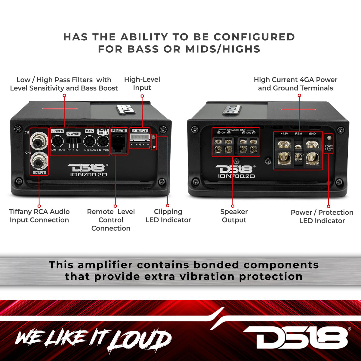 DS18 ION700.2D 2-Channel Amplifier Full Range 2 x 350W RMS @ 2-Ohm Class D, Compact Design, Digital 2 Channel Car Amplifier, Miniature Size, Remote Subwoofer Level Control Included (Renewed)