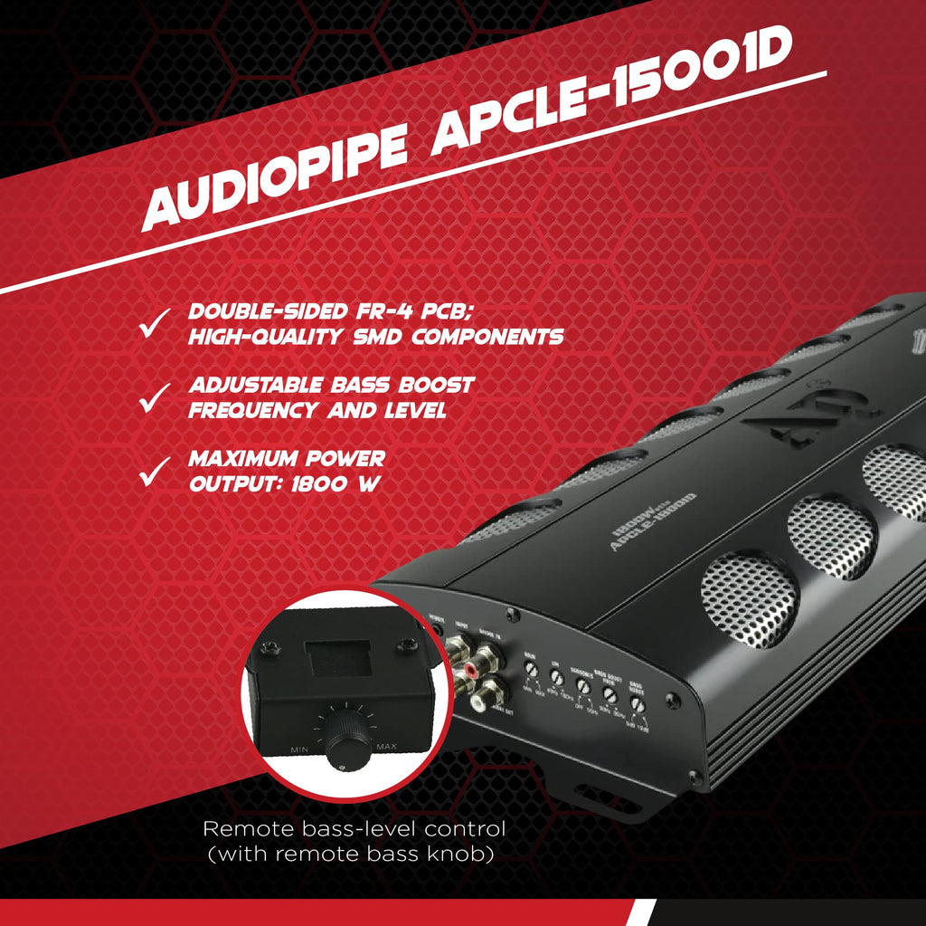 Audiopipe APCLE-18001D Class D 1800 Watt RMS Monoblock Amp Kit Car Audio Sound System Amplifier with Bass Knob and Overload Protection, Black (2 Pack)
