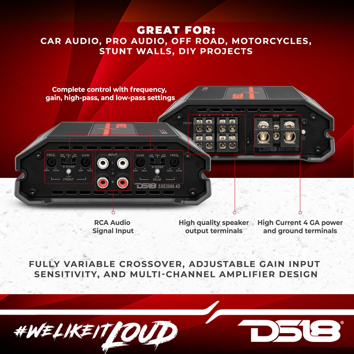 DS18 SXE-2000.4D/BK 4-Channel Car Amplifier Class D Full Range 4X 150 Watts RMS @ 4-ohm Compact Amp- Bridgeable Amp 4 Channels 2000 Watts Max Power (Renewed)