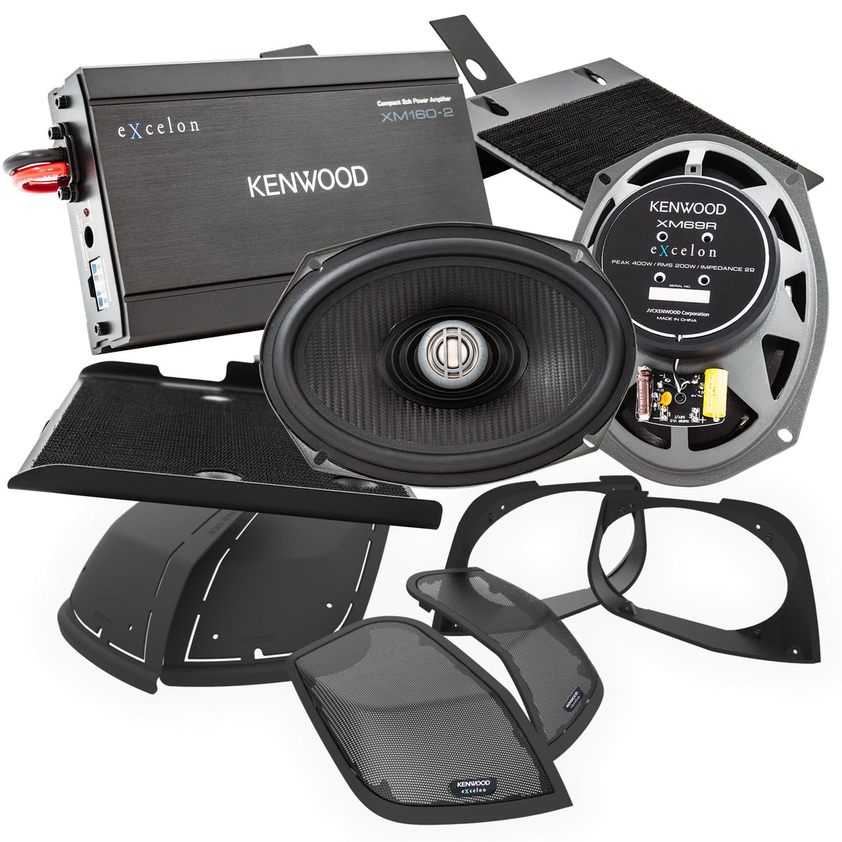 Kenwood Excelon P-HD2R Rear Audio Package for Select 2014-Up Harley-Davidson Models - (1) XM160-2 Audio Amplifier, (2) 6"x9" Excelon XM69R Motorcycle Speaker Pair, Includes Mounting Plates & Grilles