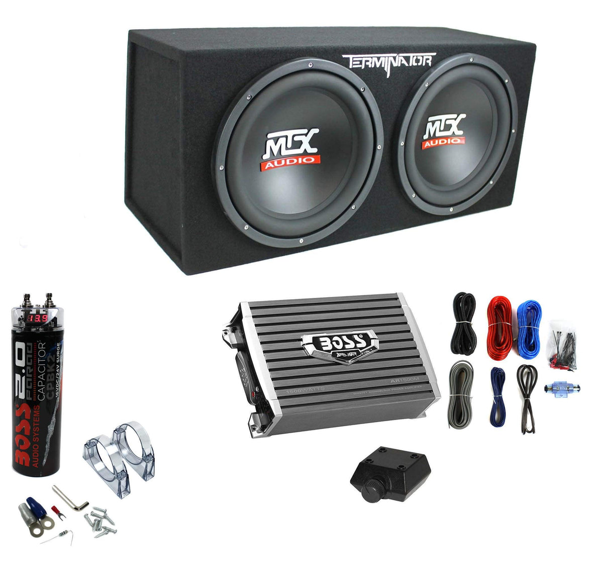 MTX Terminator Dual 12" Subwoofer Box w/Amp, Wiring Kit, & Capacitor