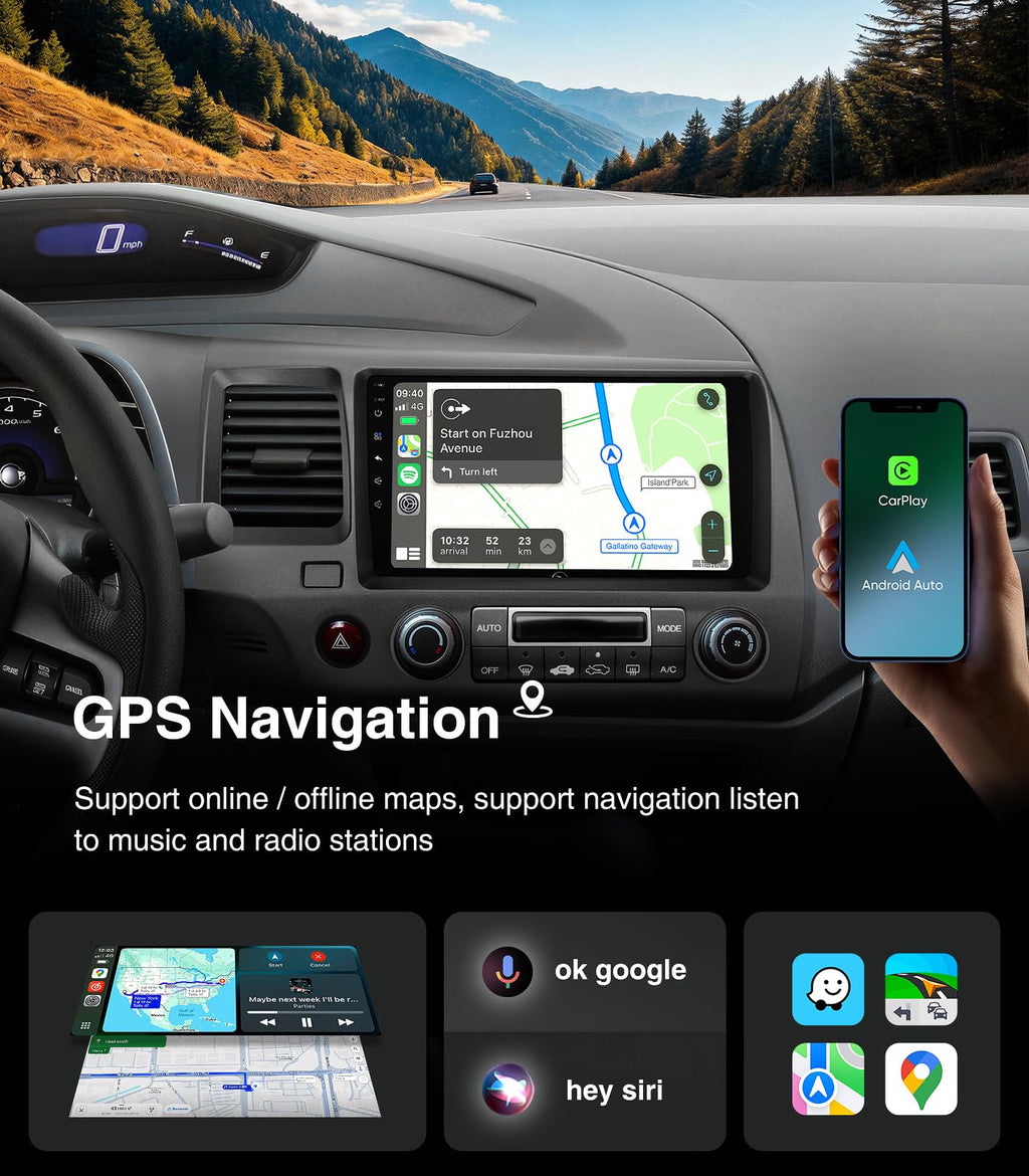 4G+64G Car Radio Stereo Upgrade for Honda Civic 2006-2011 Supports 9" Touchscreen Wireless Carplay Android Auto 5G WiFi Navigation GPS AM/FM Bluetooth Multimedia Player Replacement