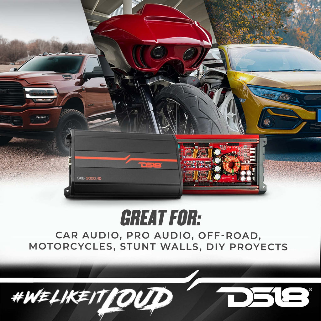 DS18 SXE-3000.4D/RD Car Amplifier Stereo Full-Range Class D 4-Channel 200x4 RMS @4 OHM 3000 Watts - Powerful and Compact Amp for Speakers in Car Audio System (Renewed), RED