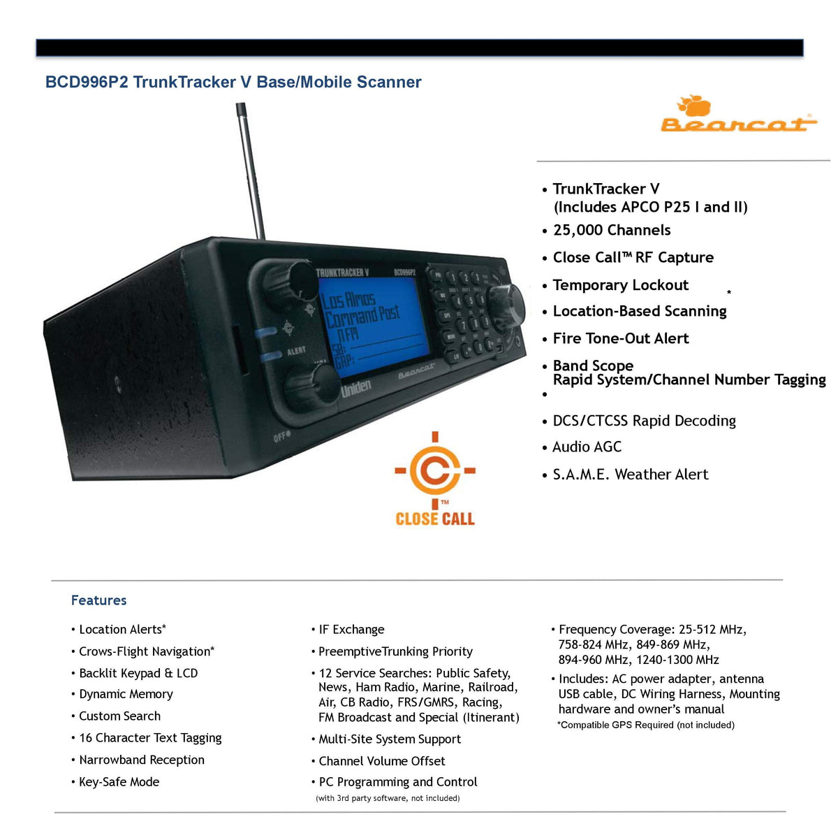 Uniden BCD996P2 Digital Mobile TrunkTracker V Scanner, 25,000 Dynamically Allocated Channels, Close Call RF Capture Technology, 4-Line Alpha Display, Base/Mobile Design, Phase 2