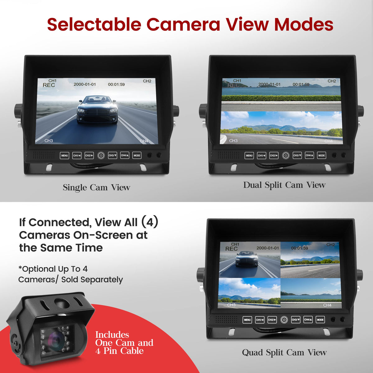 Pyle Dash Cam Recorder DVR for Trucks - 7 Inch Monitor Blackbox Rear Camera View Full Color HD 1080p Video Security Loop Camcorder - PiP Night Vision Audio Record Micro SD & Microphone - PLCMTRDVR41