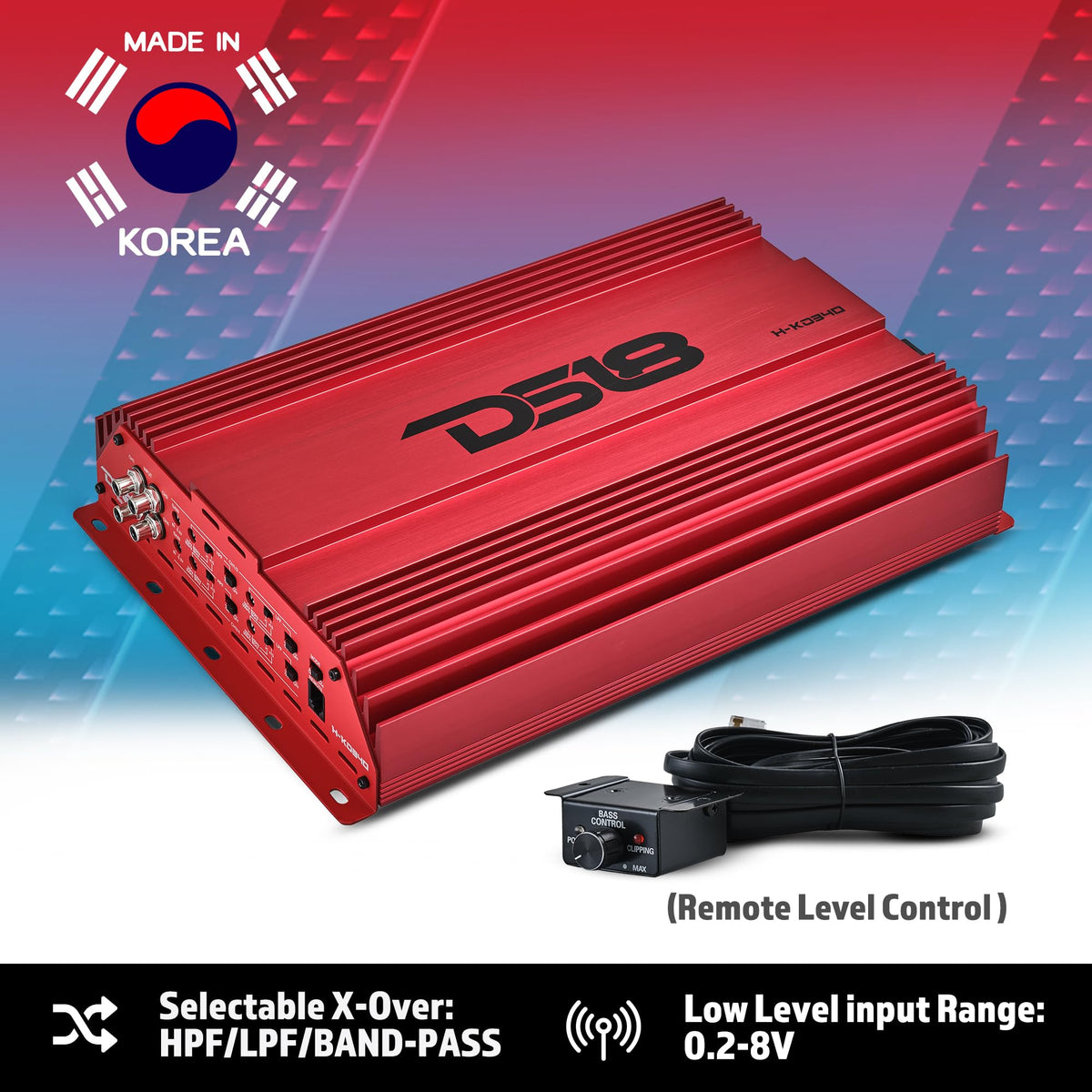 DS18 Hooligan H-KO340 KO 4-Channel Amplifier Full Range Class D 4 x 300 Watts RMS @ 4-Ohm, Competition-Level Performance, Made in Korea, Remote Level Control Included (Renewed)