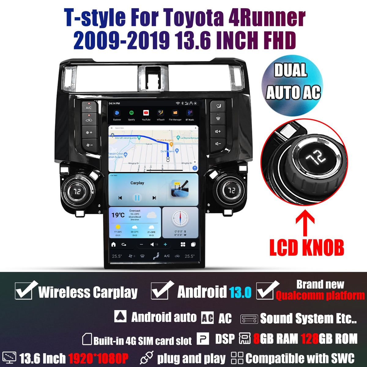 Android 13 Car Radio Head Unit for Toyota 4Runner 2009-2019, 13.6 Inch T-Style Car Multimedia Stereo Video Player GPS Navigation - 8+128 GB