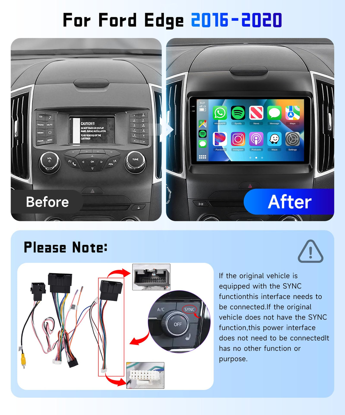 4G+128G Car Radio Stereo for Ford Edge 2016-2020, 9inch HD in-Cell Touch Screen/Android 15/Wireless CarPlay/Android Auto/GPS/WiFi/5.0Bluetooth/FM/RDS/SWC/AHD Backup Camera