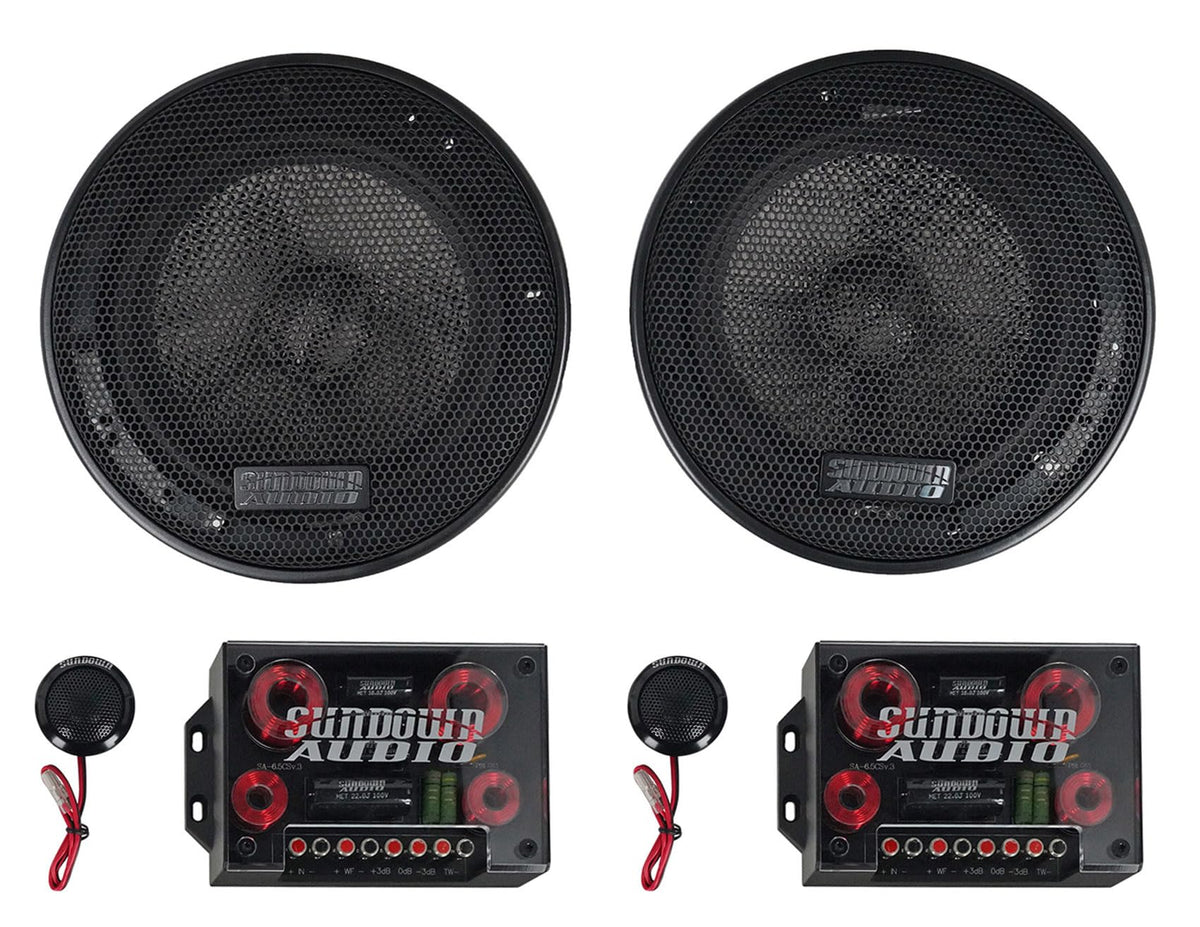Sundown Audio SA-6.5CS v.3 6.5 in 125-Watt Car Audio Component Speakers, Silk Dome Tweeters, Carbon Fiber Cones, Adjustable Crossovers, for Vehicle Sound Systems, 4-Piece
