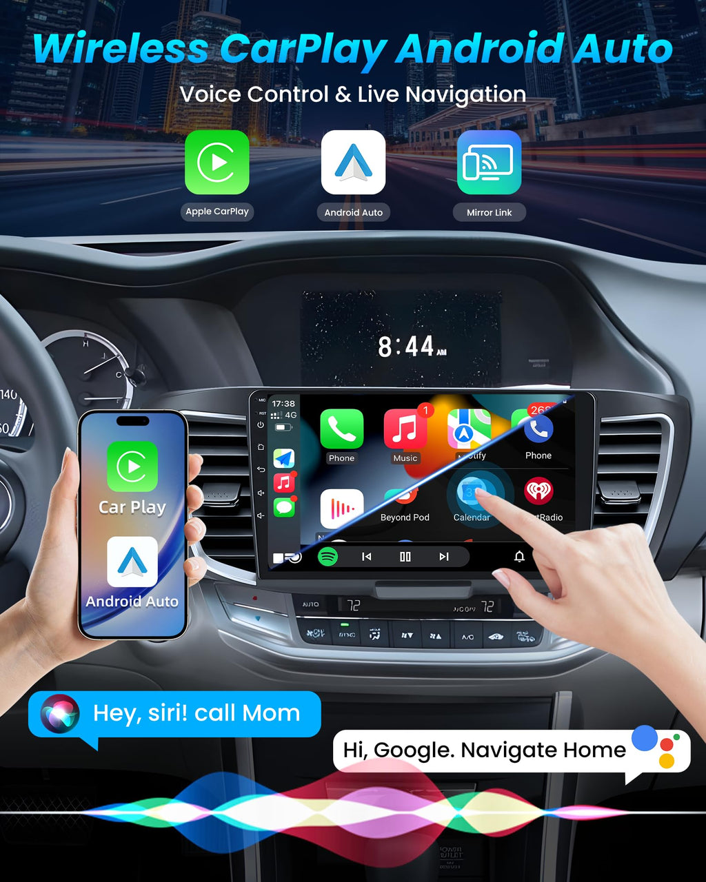 [8Core 4G+64G] Car Radio for Honda Accord 9th EX-L 2013 2014 2015: 10.1" 1280 * 800 Touchscreen Stereo with Wireless CarPlay Android Auto 5G WiFi GPS Bluetooth FM AM RDS SWC Backup Camera