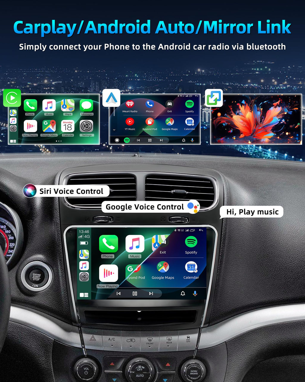 [4Core 64G ROM] Car Radio for Dodge Journey 2011-2019: 9" 1280x800 HD Touchscreen Stereo with Wireless Carplay Android Auto GPS Navigation Bluetooth 5G WiFi FM RDS DSP EQ SWC, Free Backup Camera