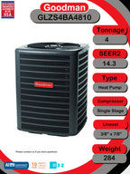 Goodman GLZS4BA4810 4 Ton Up to 15.2 SEER2 / 7.8 HSPF2 R-32 Heat Pump Air Conditioner – Individual Outdoor Unit – Replaces GSZB404810