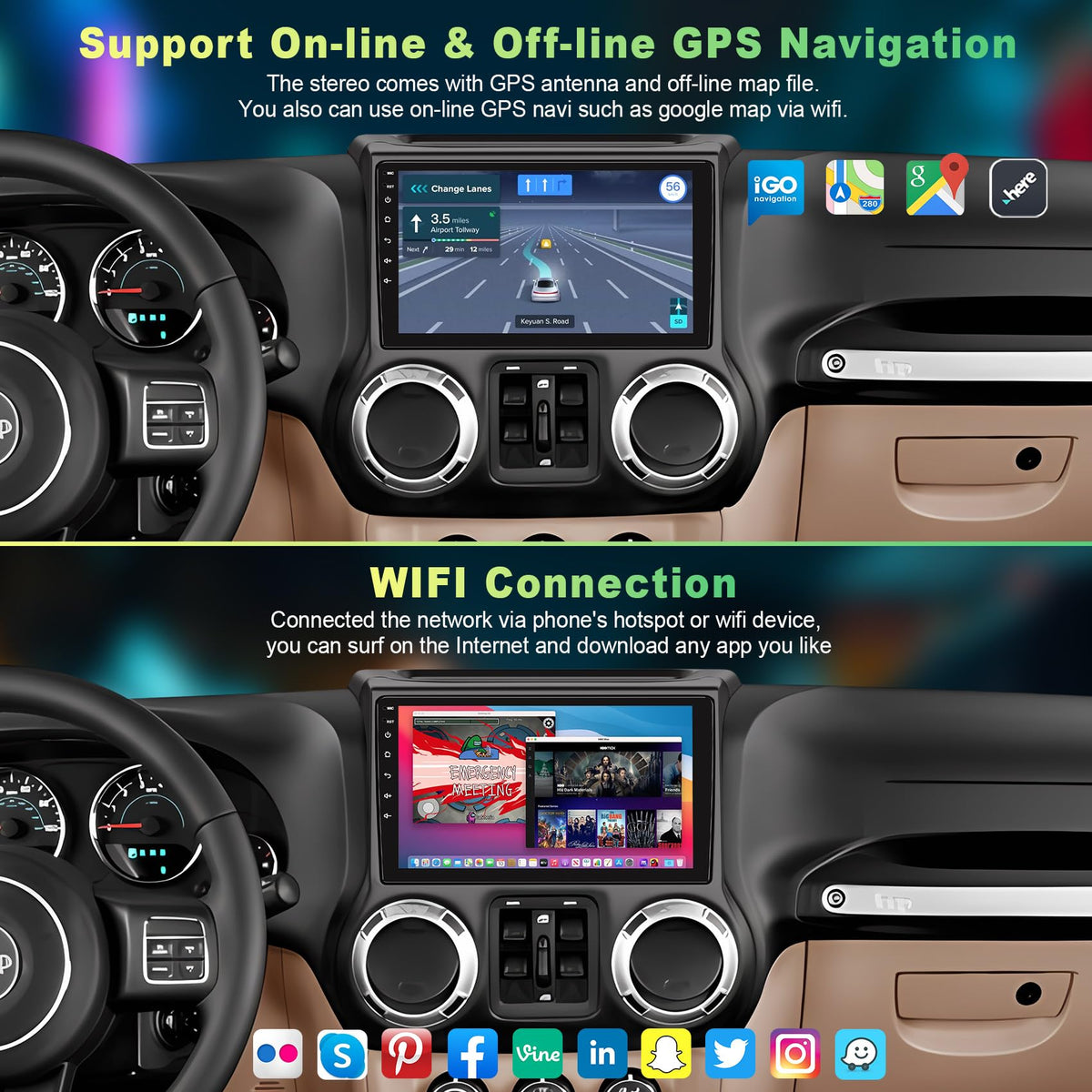 Android 13 Car Stereo for Jeep Wrangler 2011 2012 2013 2014 with Carplay and Android Auto,10.2 inch Touch Screen,Bluetooth,WiFi,GPS,FM Radio,Backup Camera,4GB+64GB