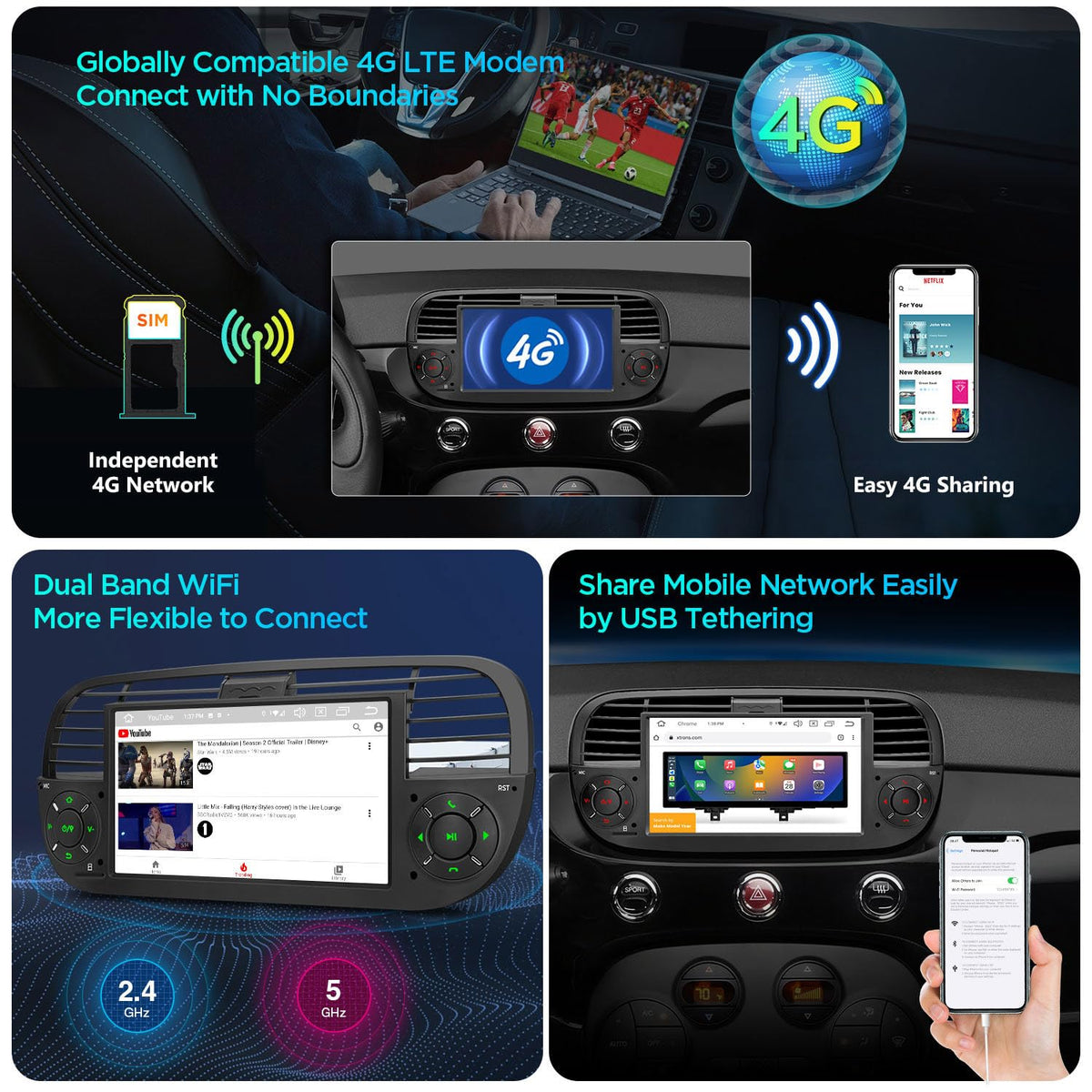 XTRONS Android 14 Car Stereo for Fiat 500 (2007-2015), 7 Inch Touch Screen Fiat 500 Replacement Head Unit with Gyroscope Built-in DSP GPS Navigation CarPlay Android Auto 4G LTE Bluetooth (4+64GB)