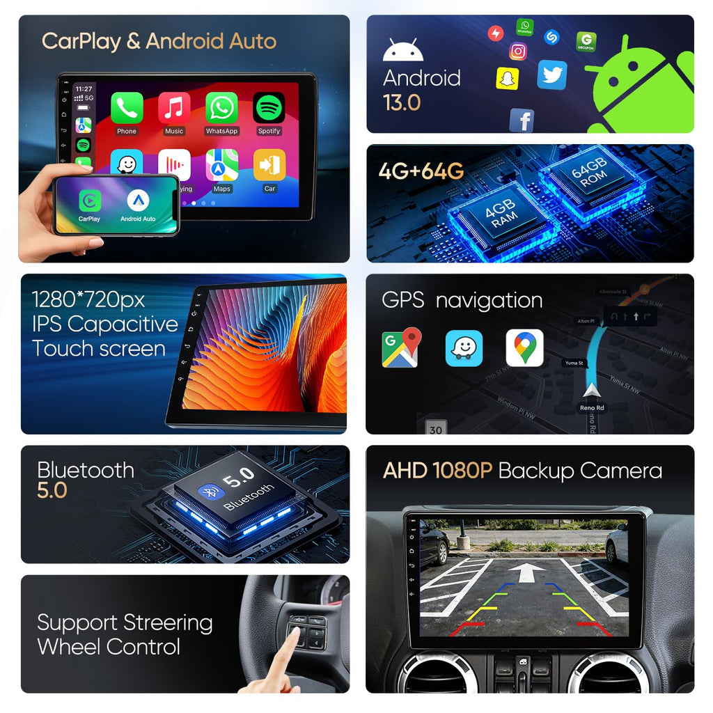 Car Radio Stereo for Jeep Wrangler JK 2007 2008 2009 2010 2011 2012 2013 2014 2015 2016 2017 2018, 10" Android Head Unit, Wireless CarPlay, Android Auto, GPS, Bluetooth, SWC, Backup Camera