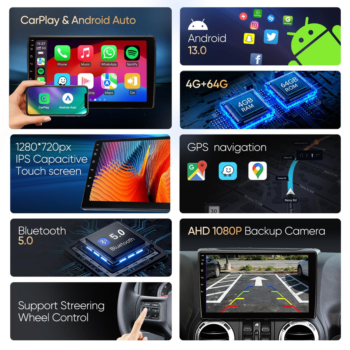 Car Radio Stereo for Jeep Wrangler JK 2007 2008 2009 2010 2011 2012 2013 2014 2015 2016 2017 2018, 10" Android Head Unit, Wireless CarPlay, Android Auto, GPS, Bluetooth, SWC, Backup Camera