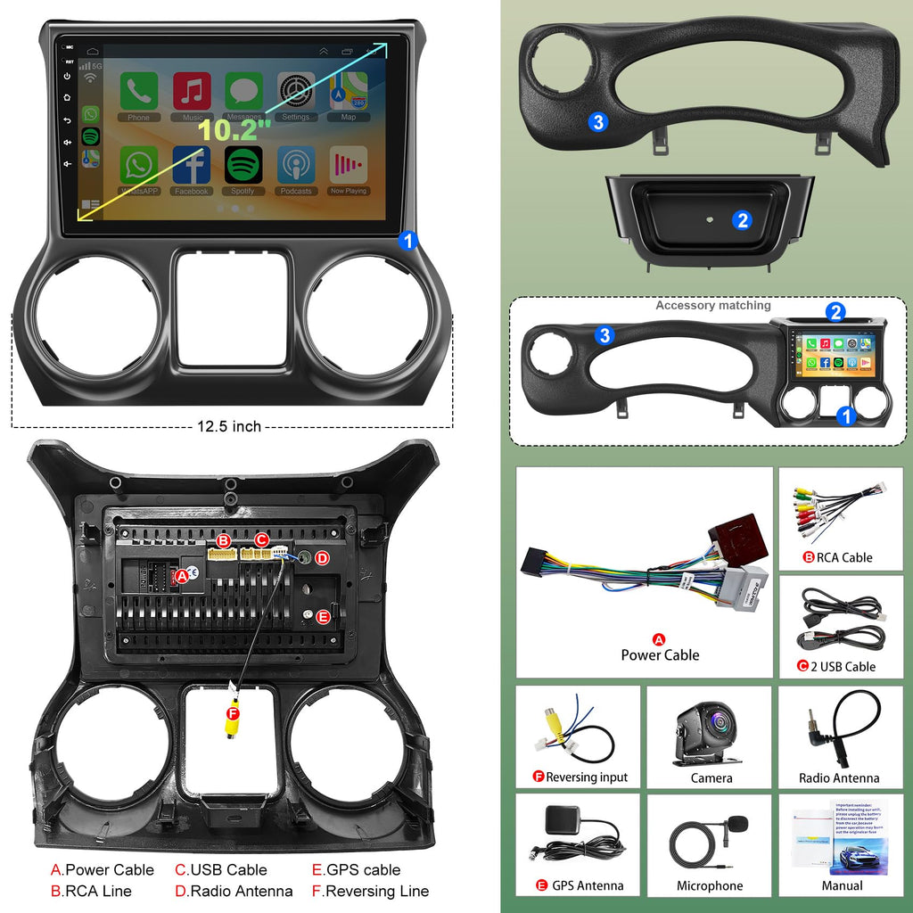 Android 13 Car Stereo for Jeep Wrangler 2011 2012 2013 2014 with Carplay and Android Auto,10.2 inch Touch Screen,Bluetooth,WiFi,GPS,FM Radio,Backup Camera,4GB+64GB