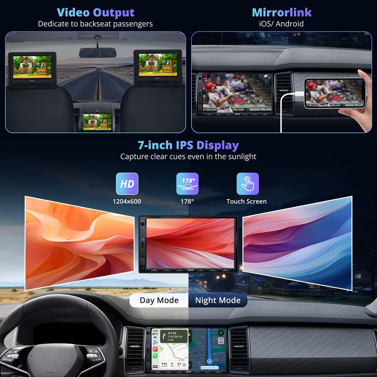 F7WE Double Din Car Stereo with Backup Camera, 7inch Wireless CarPlay Touch Screen in-Dash Video Receivers, Wireless Android Auto, Bluetooth 5.3 Car Play Radio, FM/AM/USB/AUX, MirrorLink