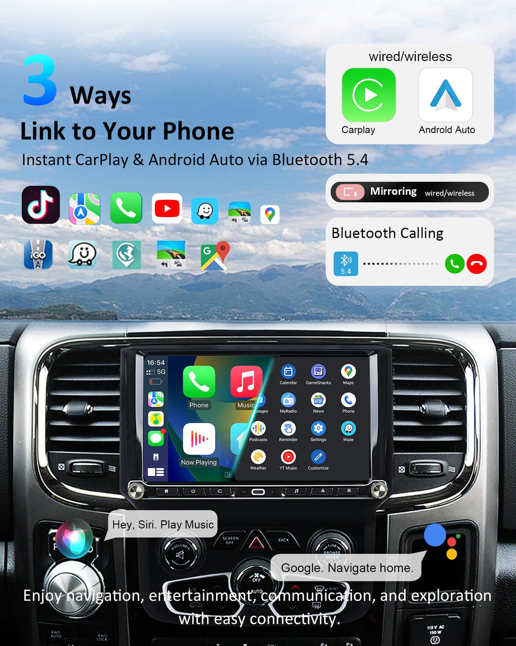 Android 14 Car Radio for Dodge Ram 1500 2500 3500 2013-2019 Auto AC, 8-Core 4+64GB Stereo with Wireless CarPlay Android Auto, 9” HD Touchscreen, 1080P Backup Camera, Physical Buttons, Dual Knobs
