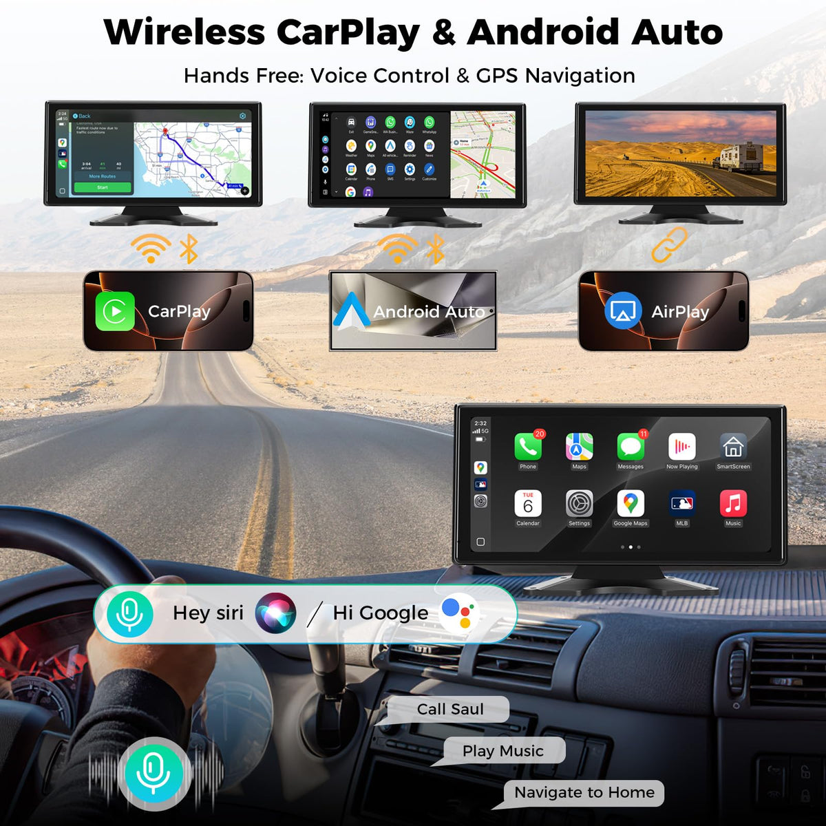 Truck RV Camera System with CarPlay & Android Auto,10.36'' Touch Screen with Recording & Voice Control & Navigation, 4 HD1080P IR Wired Rearview Backup Camera for Semi Trucks, RVs, Trailers