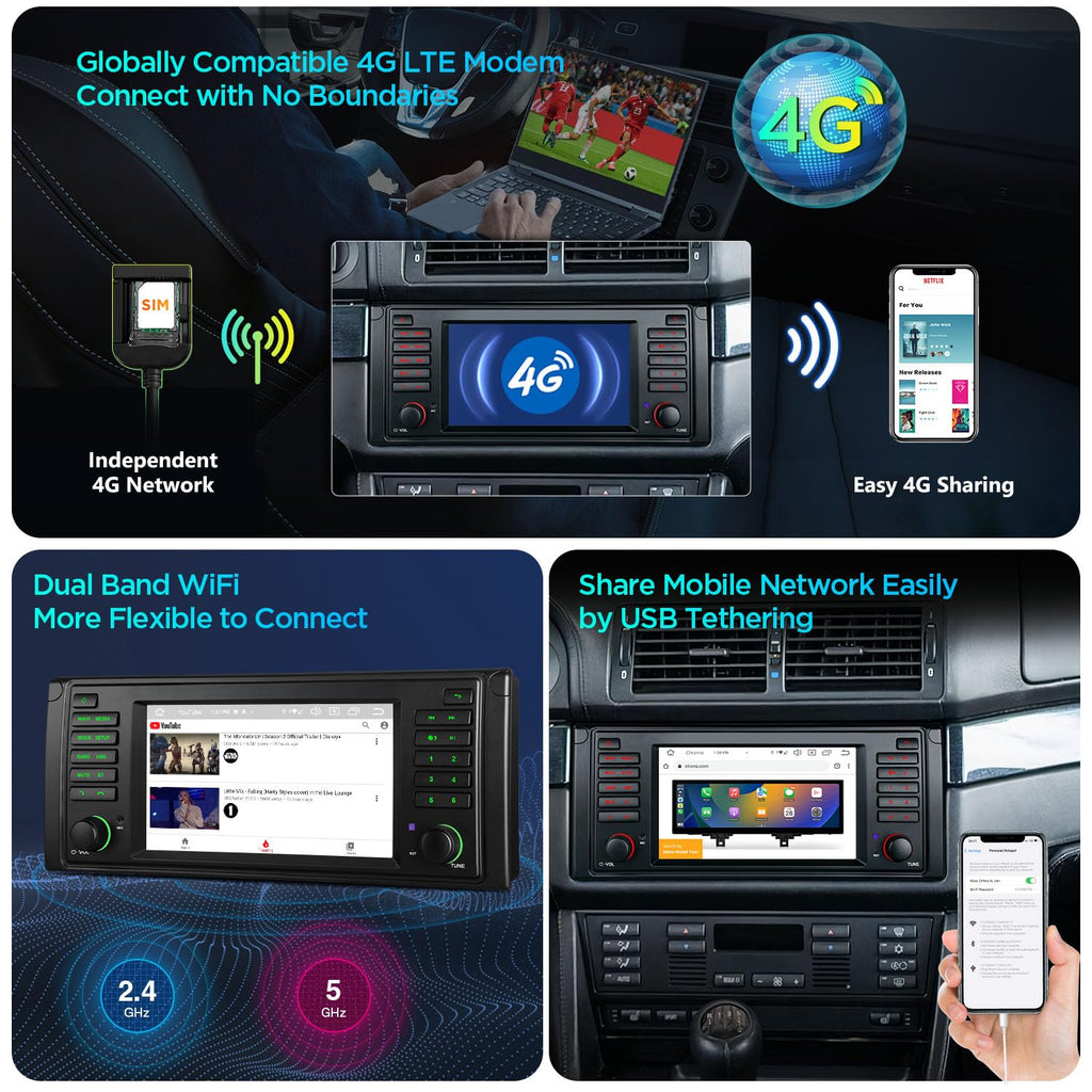 XTRONS 7 Inch Android 14 Car Stereo for BMW E39 M5 1999-2003 E39 1995-2003, Touch Screen 4+64GB Car Bluetooth Head Unit Global 4G LTE Car Radio GPS Navigation Support Wireless Car Play Android Auto