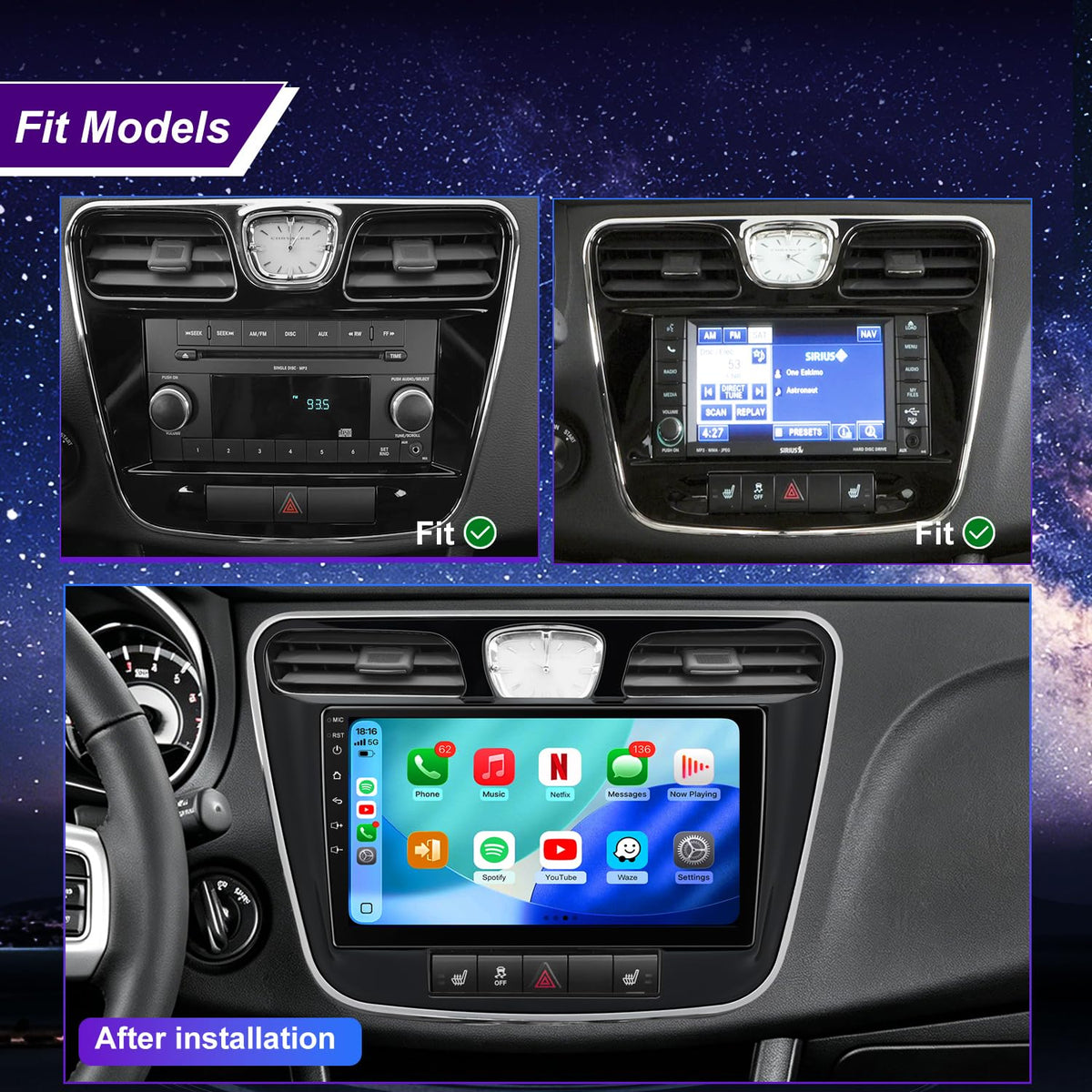 64G 5GWiFi Upgrade Car Radio for Chrysler 200 200C 200S 2011 2012 2013 2014, 9inch Touch Screen Accessories Replacement Stereo Wireless Carplay Android Auto Bluetooth GPS Navigation Backup Camera FM