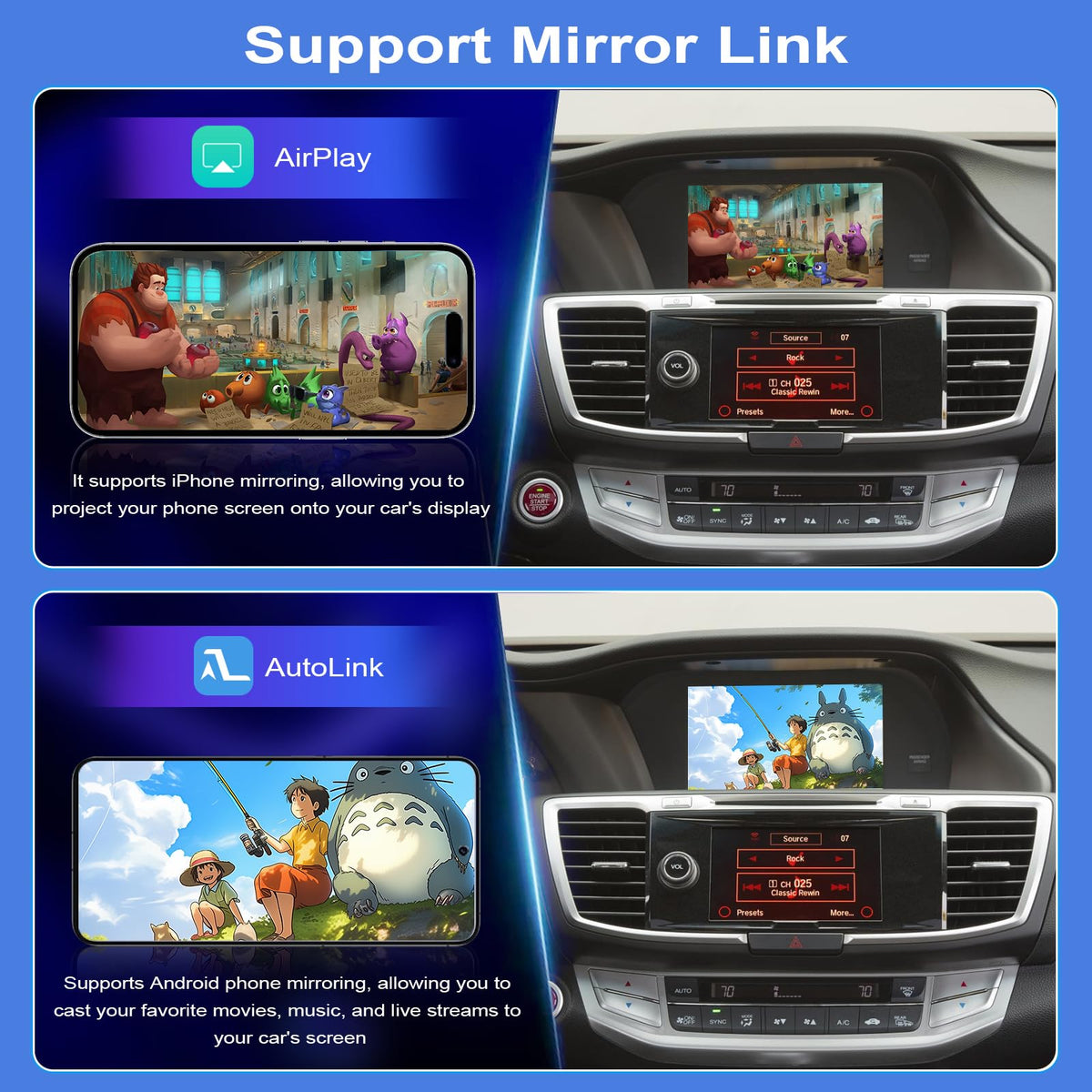 Wireless CarPlay Android Auto for Honda Accord Odyssey 2014-2018, Smart Dual-Screen Module with Control Knob, Video MirrorLink GPS Navigation, Retain Factory Backup Camera & Steering