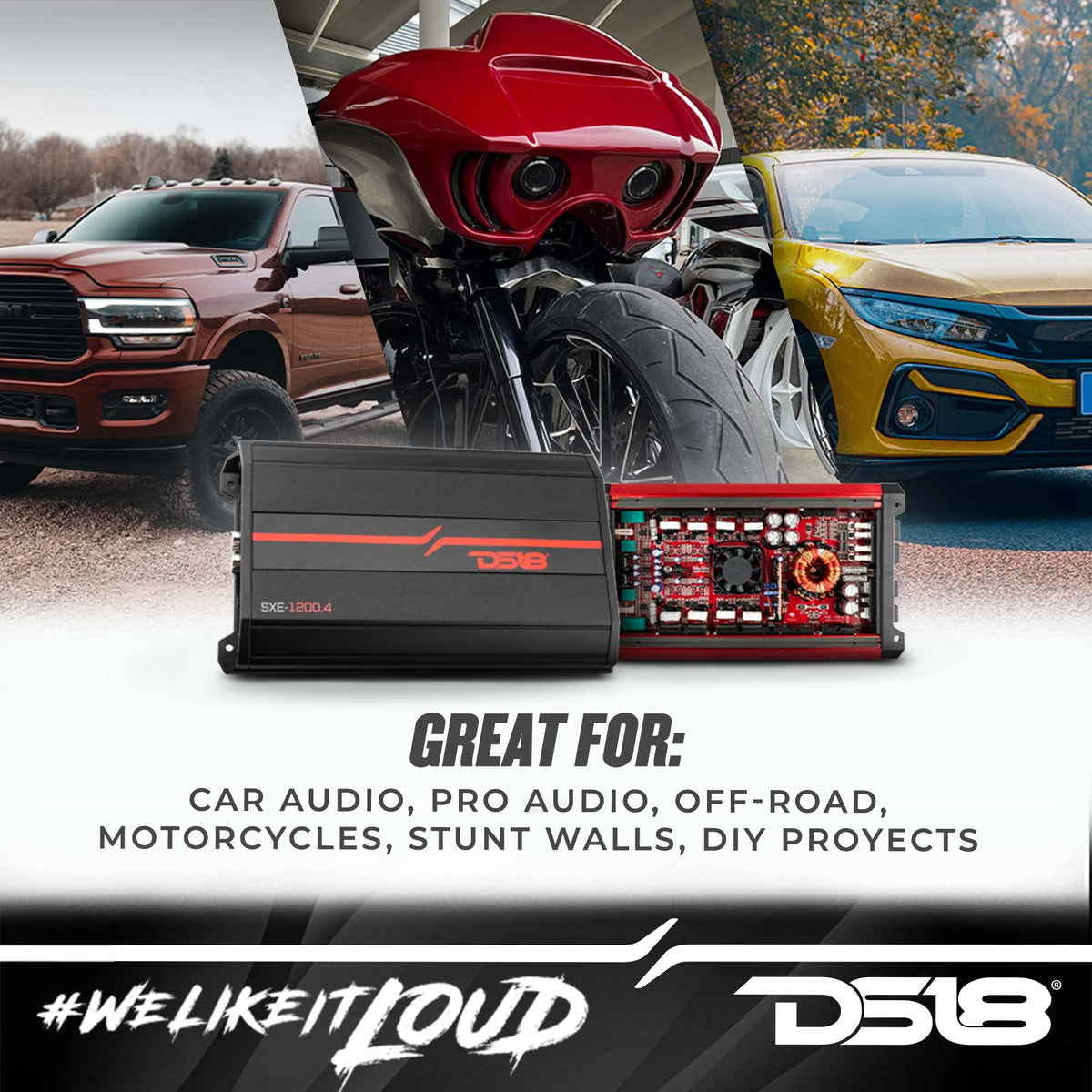DS18 SXE-1200.4/BK 1200W 4-Channel Class A/B Car Amplifier + AK4 4 Gauge Amplifier Wiring Kit Bundle – Complete 1200W Car Audio Upgrade Package