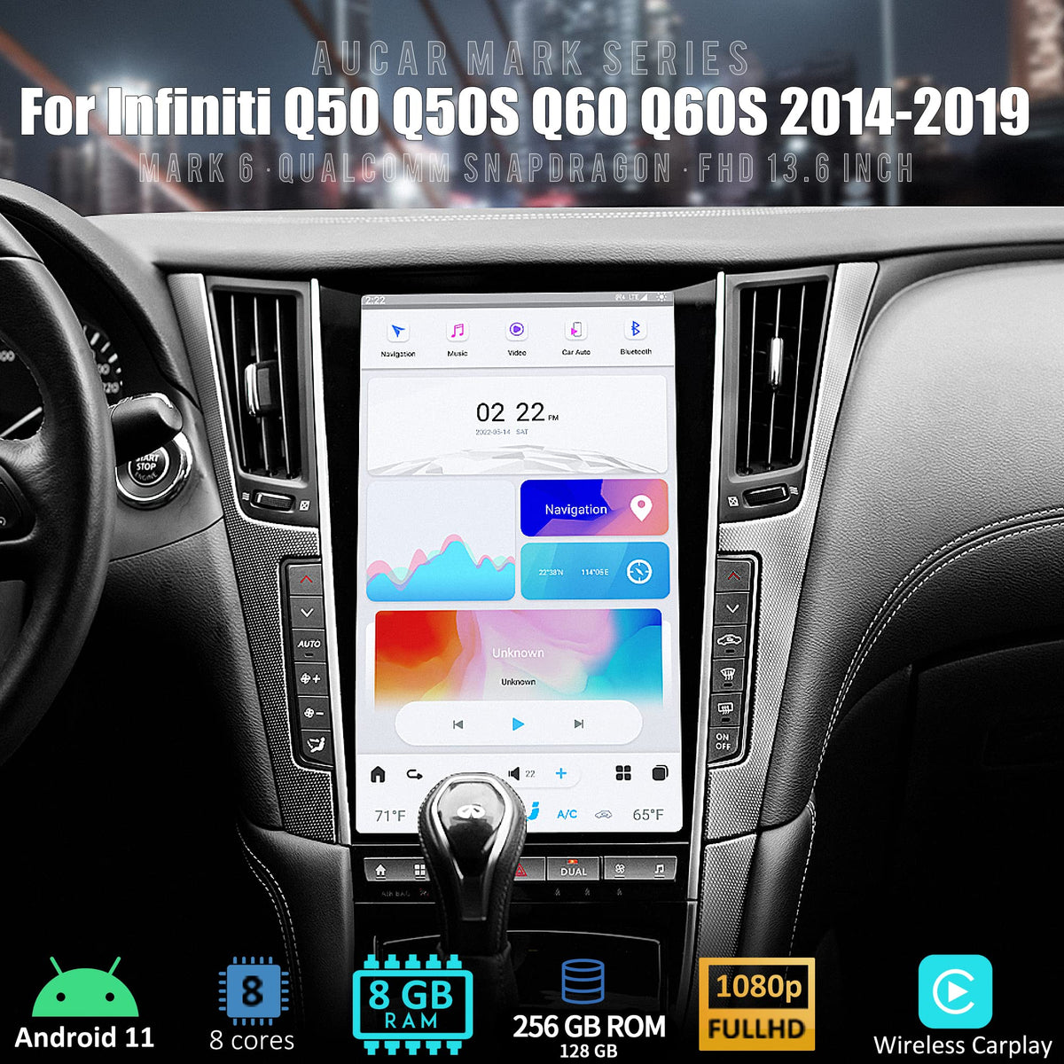 Aucar Mark 6 13.6 Inch T-Style Android Car Radio Head Unit for Infiniti Q50 Q50S Q60 Q60S, 1080P Multimedia Stereo Video Player with Wireless Carplay, GPS Navigation, OEM Functions 8+256 GB 2014-2019