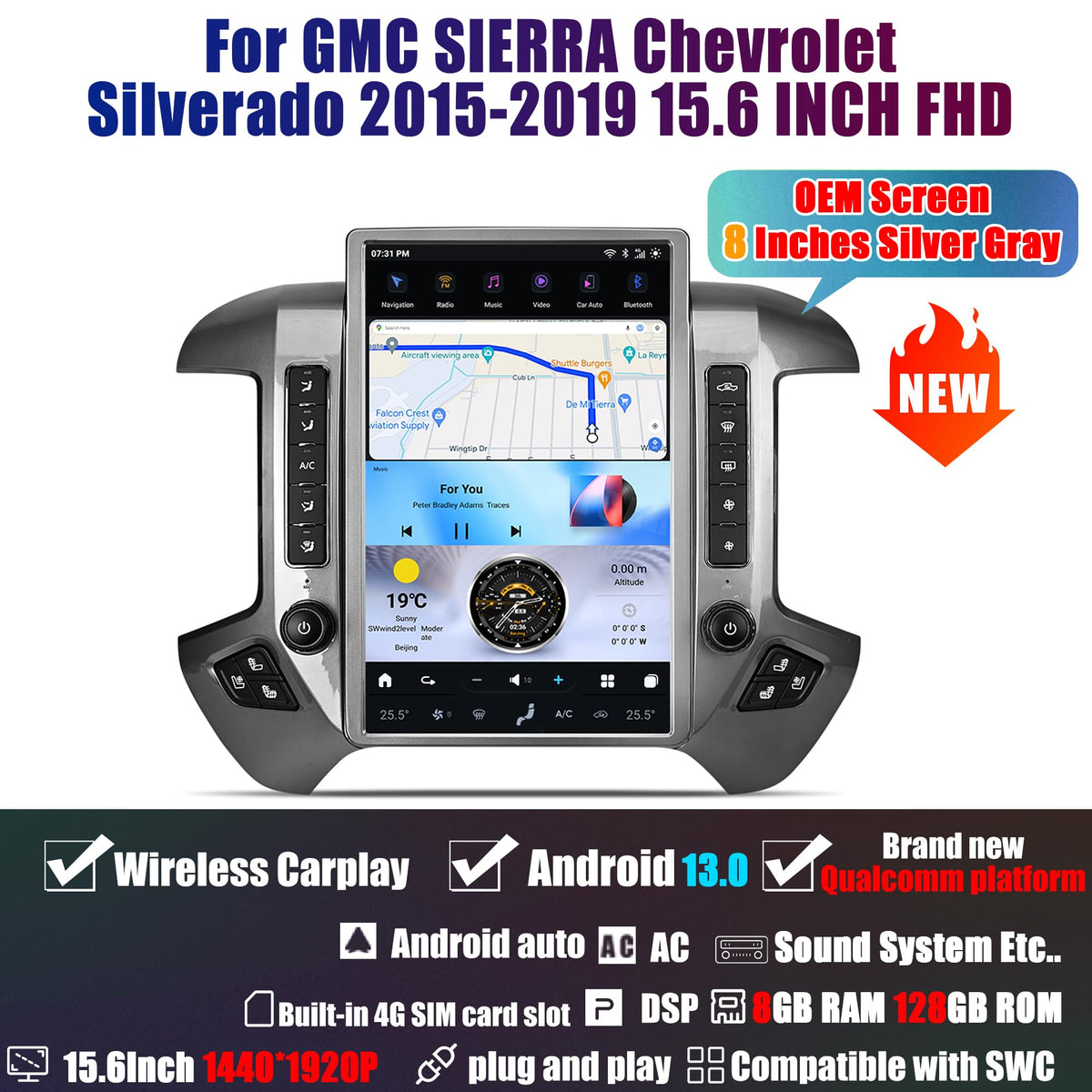 Upgrade AuCar 15.6 Inch Android 13 Car Radio for GMC Sierra Chevrolet Silverado 2015-2019 Head Unit (Only OEM 8" Screen) Wireless Carplay GPS Navigation Multimedia Player (Silver Grey)