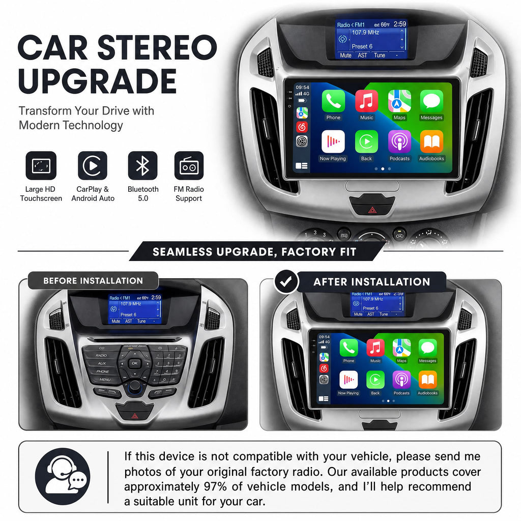 SILVER-8-CORE 4+64G Android 14 Car Radio Stereo for Ford Transit Connect 2014-2018, 9 Inch Touch Screen Dash Kit with Wireless CarPlay Android Auto GPS Navigation Bluetooth SWC WiFi 5G DSP RDS FM Cam