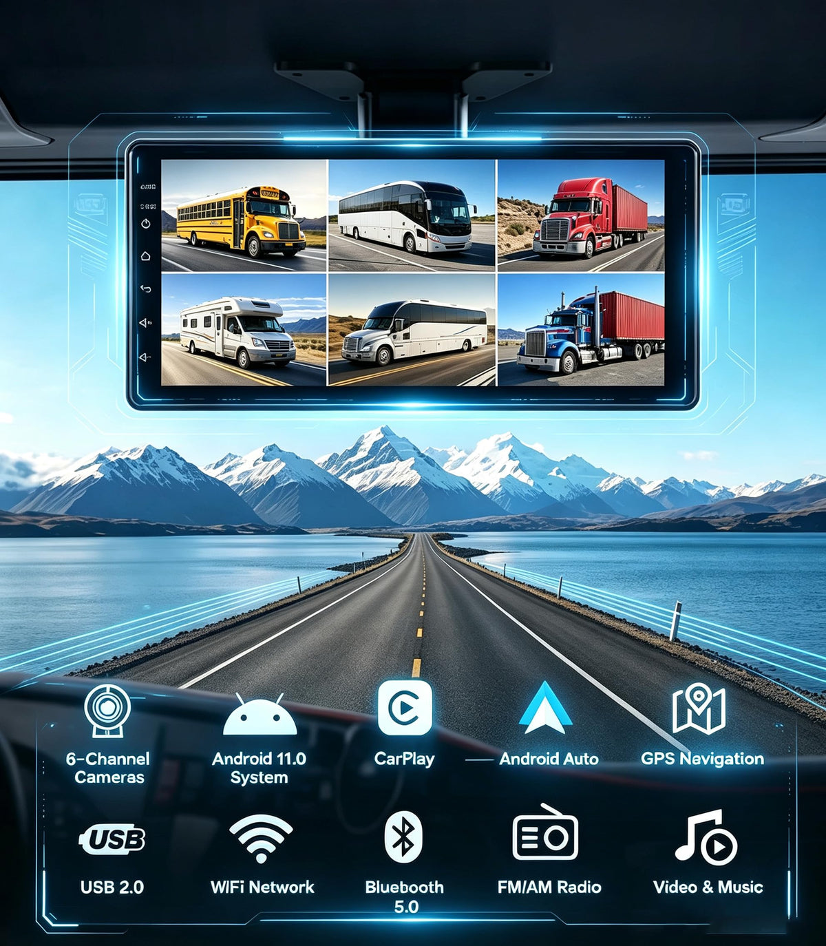 11-Inch 6 Split Touchable 128GB Large Audio Screen 1080P Backup Camera Monitor & Built-in DVR Video Recorder for RV Truck Trailer Rear Side Front Reversing View Wired System Image Waterproof DCM06