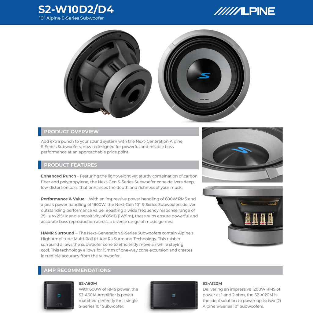 Alpine S2-W10D2 10" S-Series Dual 2-Ohm Car Subwoofer, 1800W Max, 600W RMS