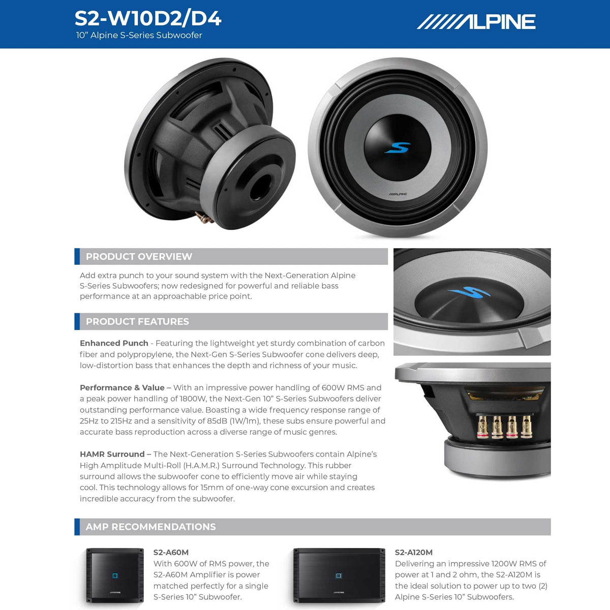 Alpine S2-W10D2 10" S-Series Dual 2-Ohm Car Subwoofer, 1800W Max, 600W RMS