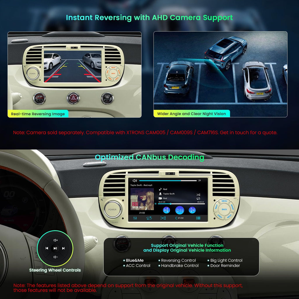 XTRONS 7" Car Stereo for Fiat 500 2007-2015, Wireless CarPlay, DSP(Cream)