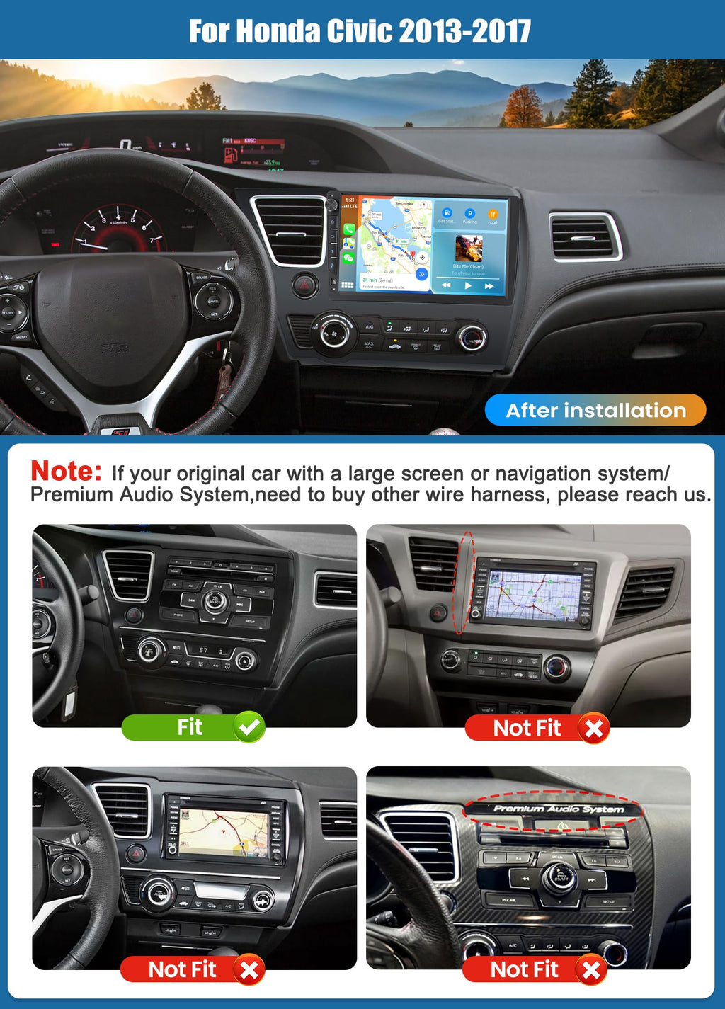 SIXTOP 4G+64G Android Car Stereo Radio for Honda Civic 2013-2017 Wireless CarPlay Android Auto Bluetooth 5.0 GPS 9 Inch HD Touch Screen WiFi FM/RDS Type-C 32EQ SWC AHD Backup Camera