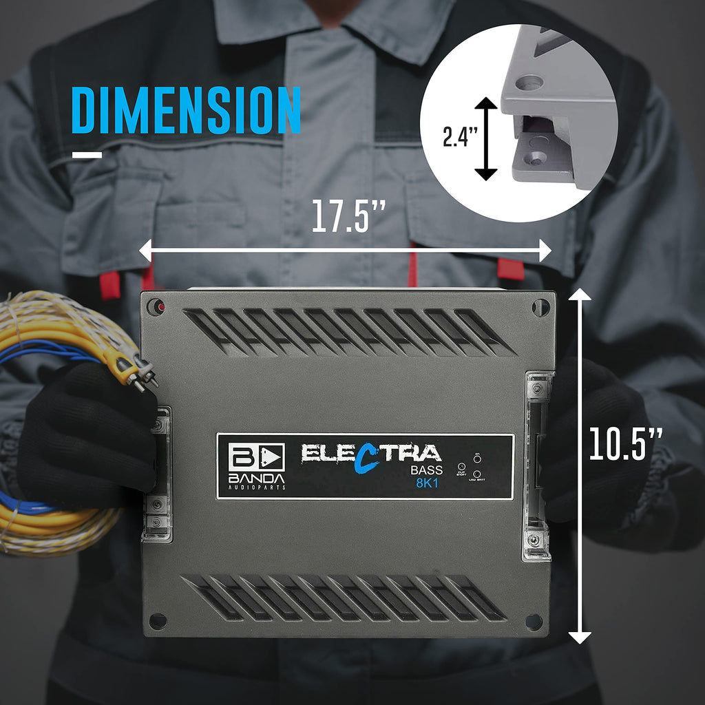 Electra 1-Channel Vehicle Audio Amp - 8000WRMS D Class High-Powered Mono Amplifier w/Subsonic Filter & Low Pass Filter Stable at 1Ohm, LED Indicators, Sound Specialization - Banda 8K1