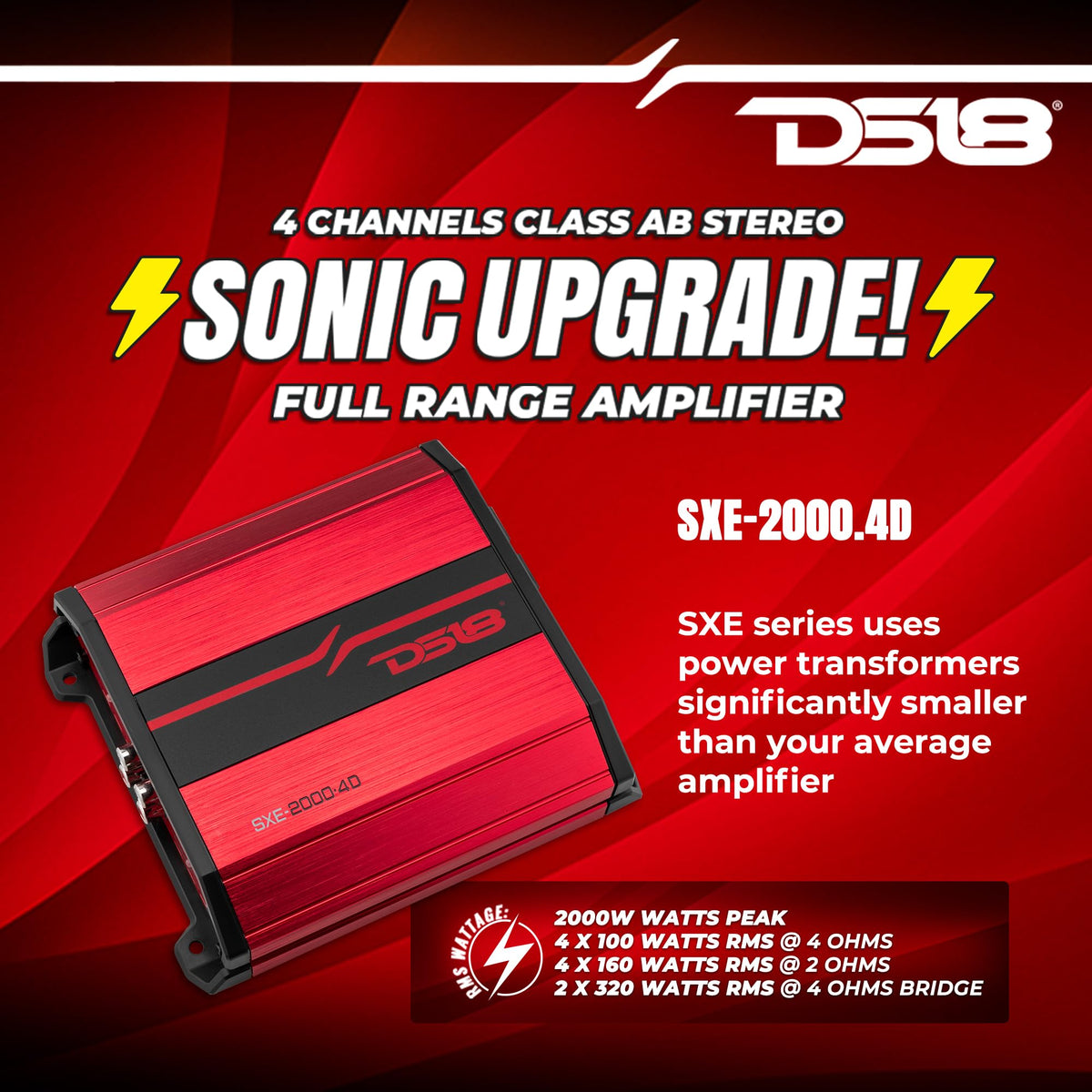 DS18 SXE-2000.4D/BK 4-Channel Car Amplifier Class D Full Range 4X 150 Watts RMS @ 4-ohm Compact Amp- Bridgeable Amp 4 Channels 2000 Watts Max Power (Renewed)