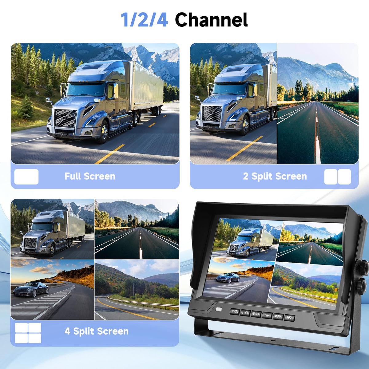 4 Channel 9 inch IPS Backup Camera System with Monitor for Tracks, RVs, Tractors, Bus, CementTruck, HD 1080P Wired Reverse Camera Waterproof Night Vision 4 Cameras Support Recording, Plug and Play