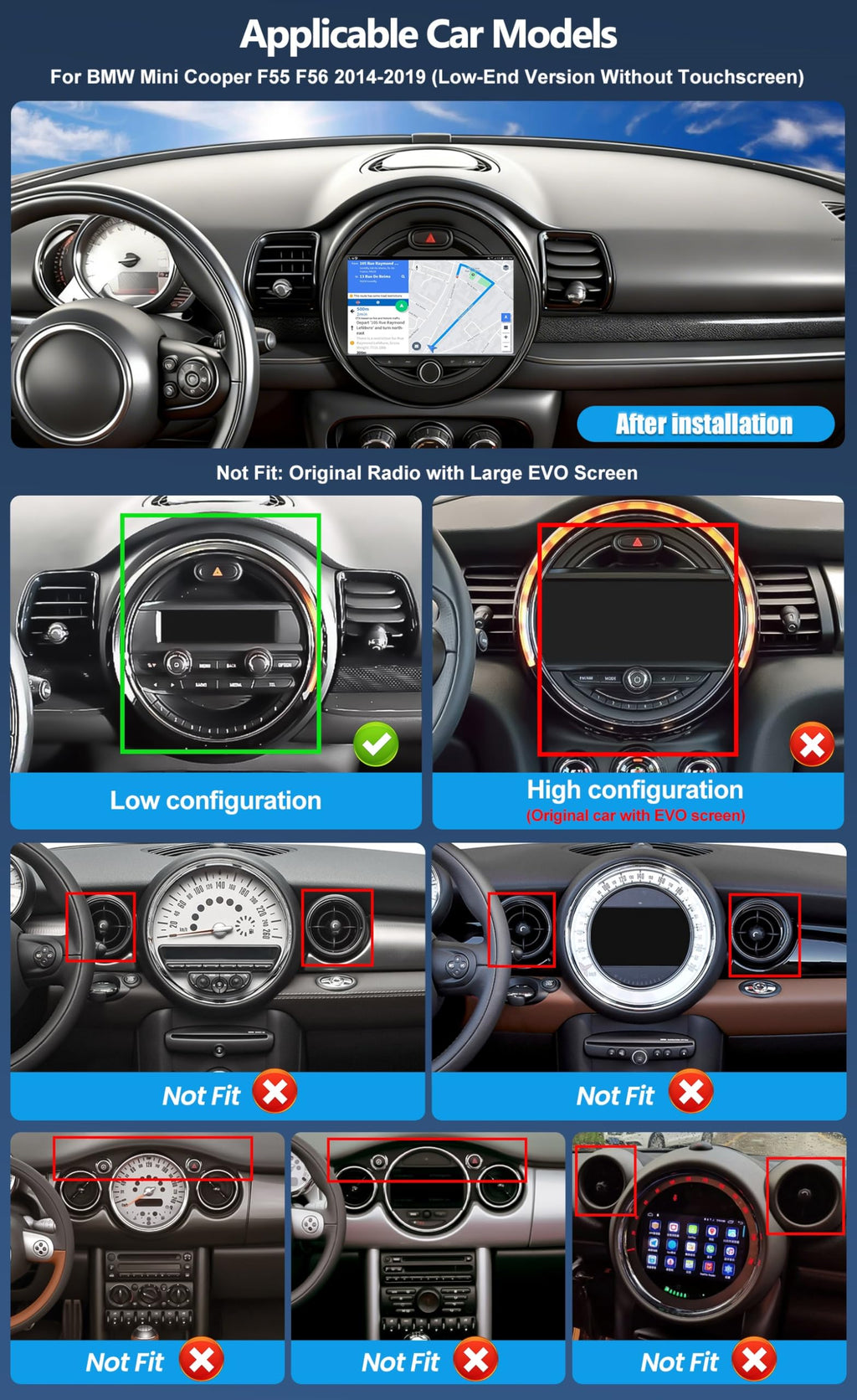 CAMECHO 4+64GB Car Radio Stereo for BMW Mini Cooper F55 F56 2014-2019 Android 15 CarPlay Android Auto 9" 1280 * 720 Touch Screen Head Unit with Bluetooth 5.0 32EQ GPS WiFi FM Backup Camera (Low-End)