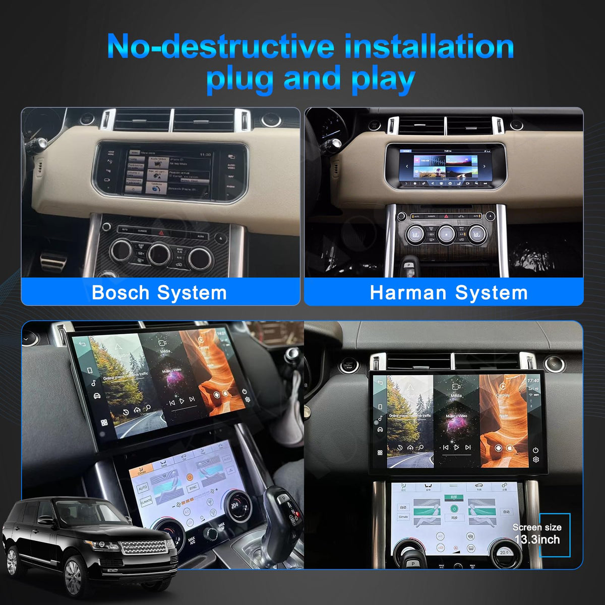 13.3 Inch Qualcomm Android 12 Car Radio for Land Rover Range Rover Sport L494 2014-2017 Stereo Replacement GPS Navigation Head Unit Multimedia Player Touch Screen Carplay(OEM Bosch System,8+128GB)