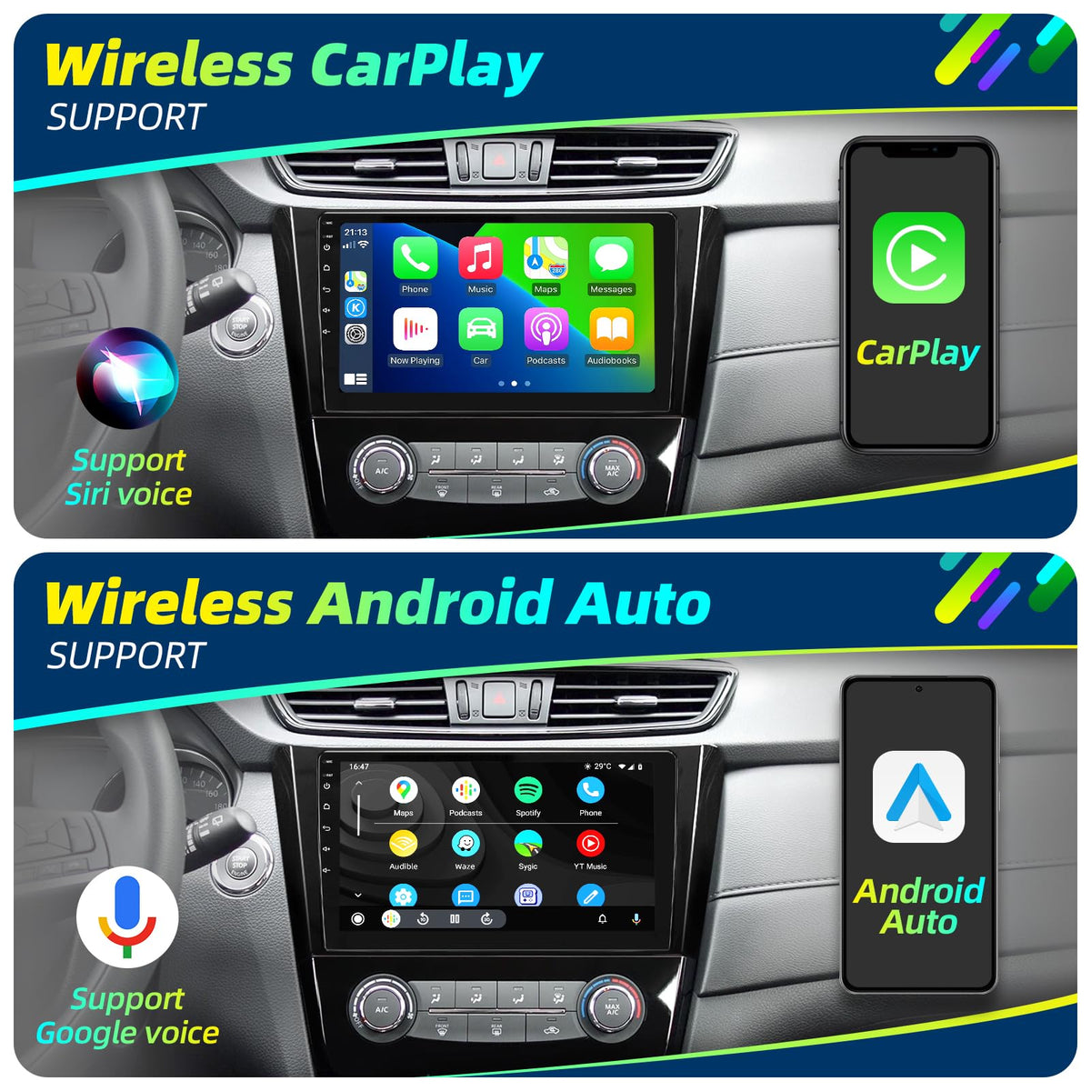 Android Radio Upgrade for Rogue X-Trail 2014-2018 Compatible with Wirelessly Carplay Android Auto Car Stereo Bluetooth Navigation TouchScreen GPS 8core 4GB RAM 64GB Head Unit Multimedia Player