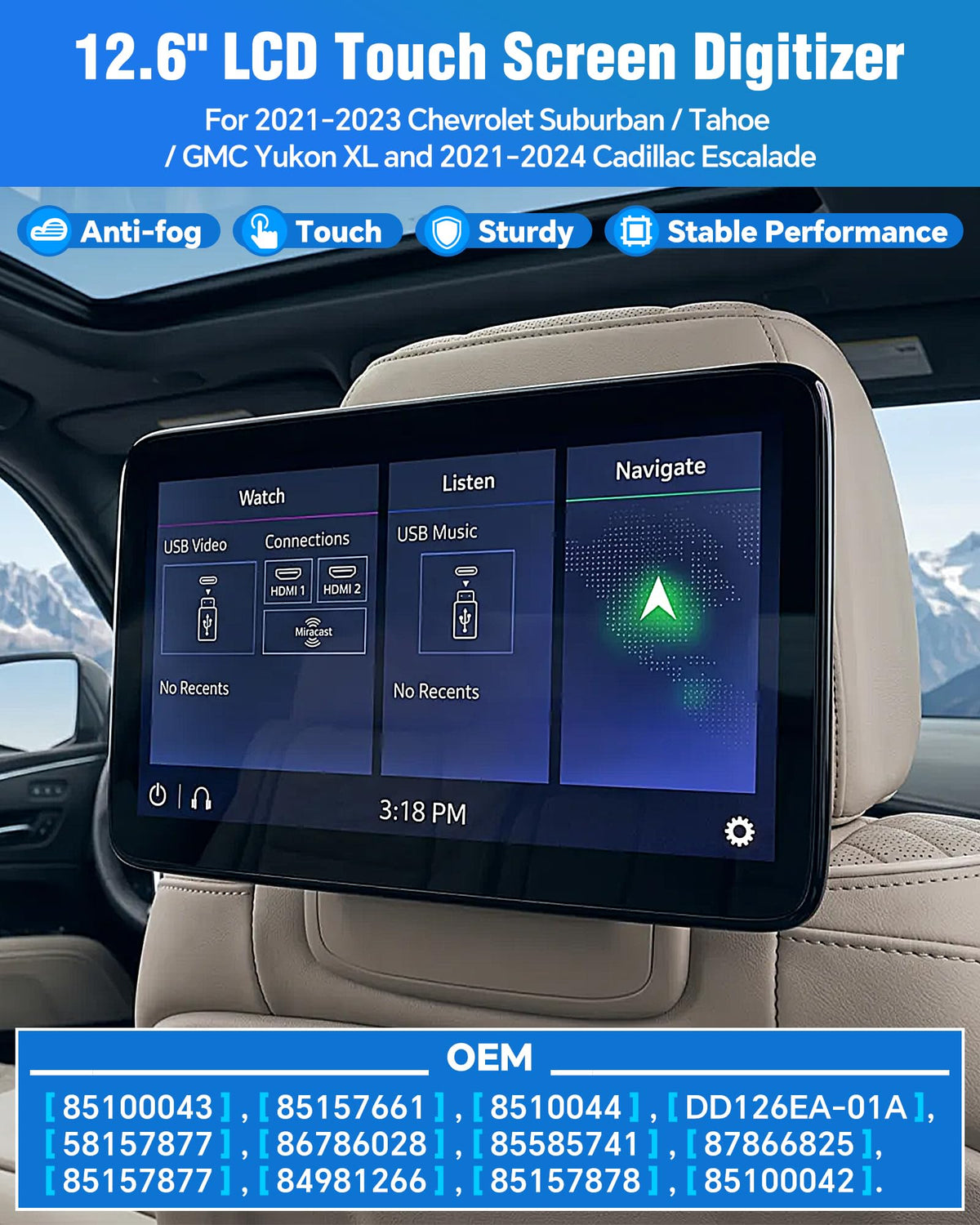 85100044 12.6" Headrest Display, Rear Seat Entertainment LCD Display Screen Fits for 2021-2023 Chevy Suburban Tahoe GMC Yukon XL, 2021-2024 Cadillac Escalade, Headrest Back Seat TV