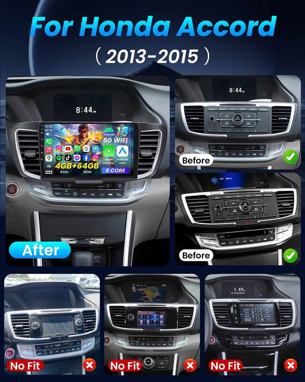 [8Core 4G+64G] Car Radio for Honda Accord 9th EX-L 2013 2014 2015: 10.1" 1280 * 800 Touchscreen Stereo with Wireless CarPlay Android Auto 5G WiFi GPS Bluetooth FM AM RDS SWC Backup Camera