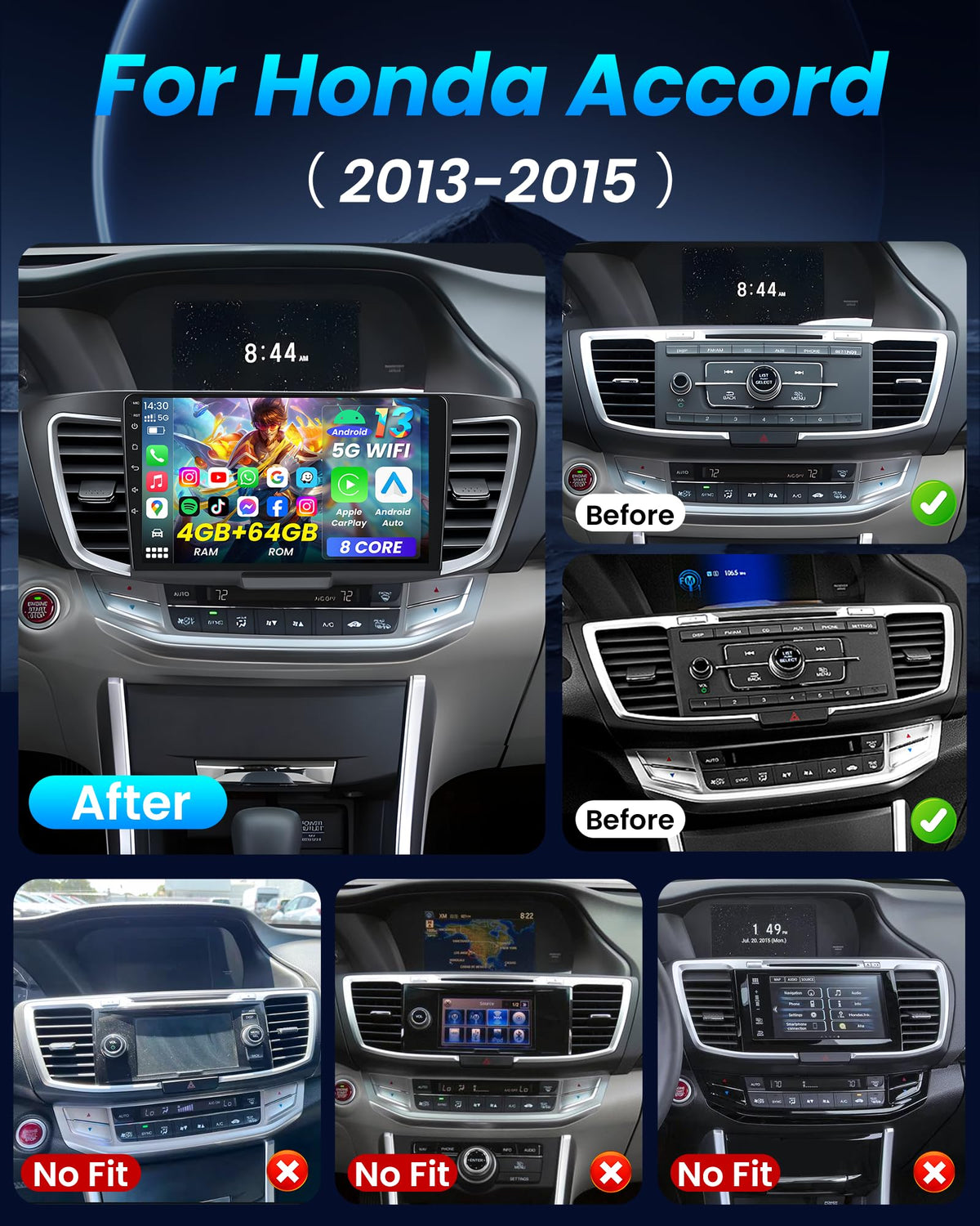 [8Core 4G+64G] Car Radio for Honda Accord 9th EX-L 2013 2014 2015: 10.1" 1280 * 800 Touchscreen Stereo with Wireless CarPlay Android Auto 5G WiFi GPS Bluetooth FM AM RDS SWC Backup Camera